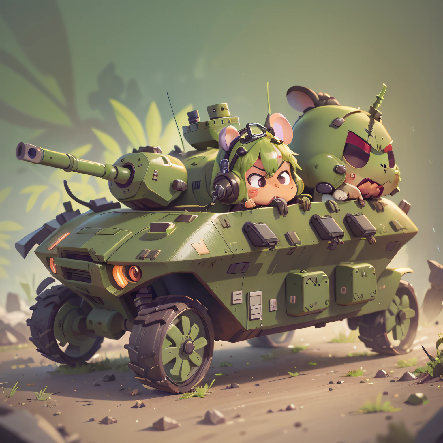 chibi, mouse, cute, piloting a green war tech tank, action pose, female, evil look, angry face, bigbadejo, full body, masterpiece, 3D Rendering, Best Quality, Lots of Detail, (plain background), vinyl toy figurine