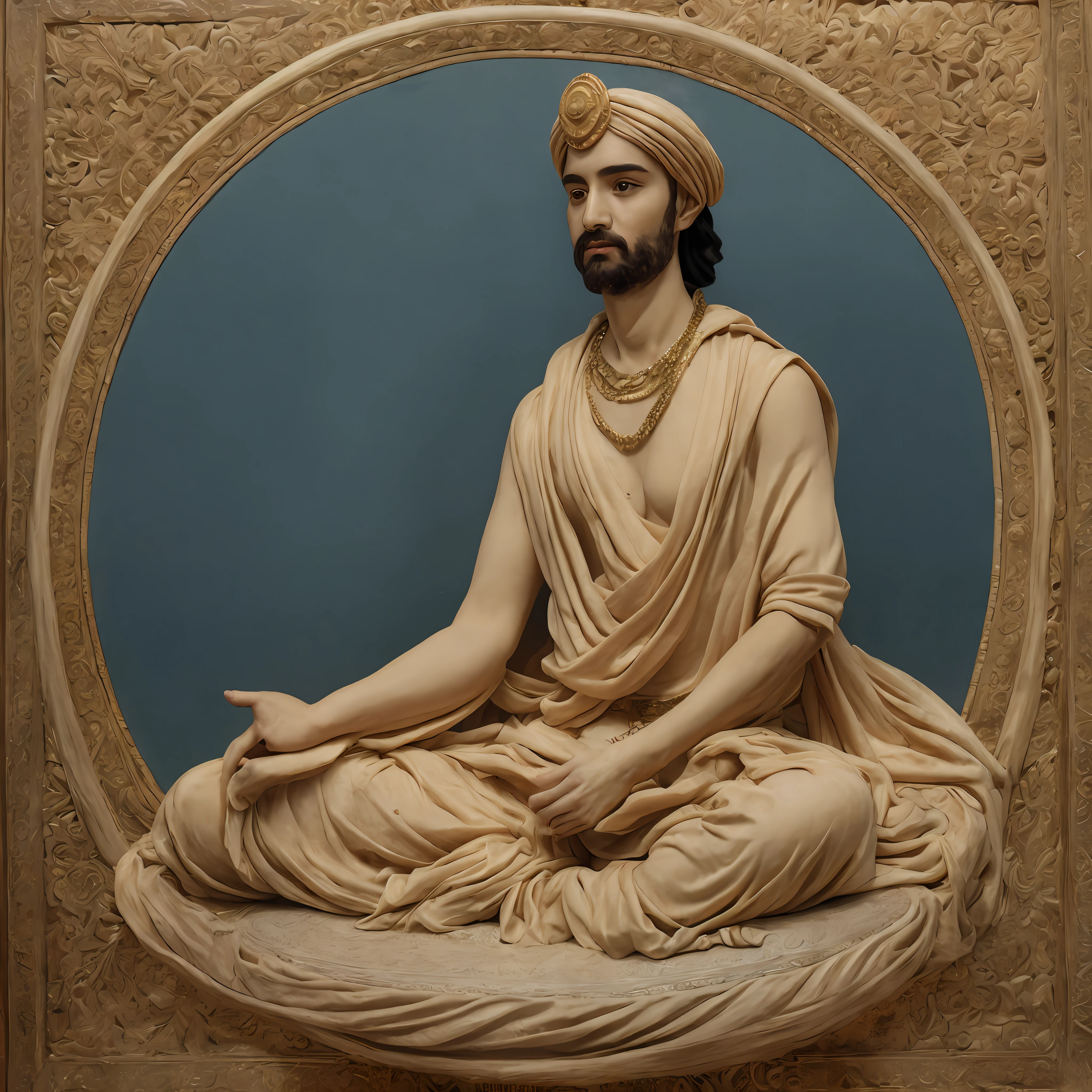 1 man, legs crossed on a lotus, hands folded, firm gaze, dressing, Gandhara style