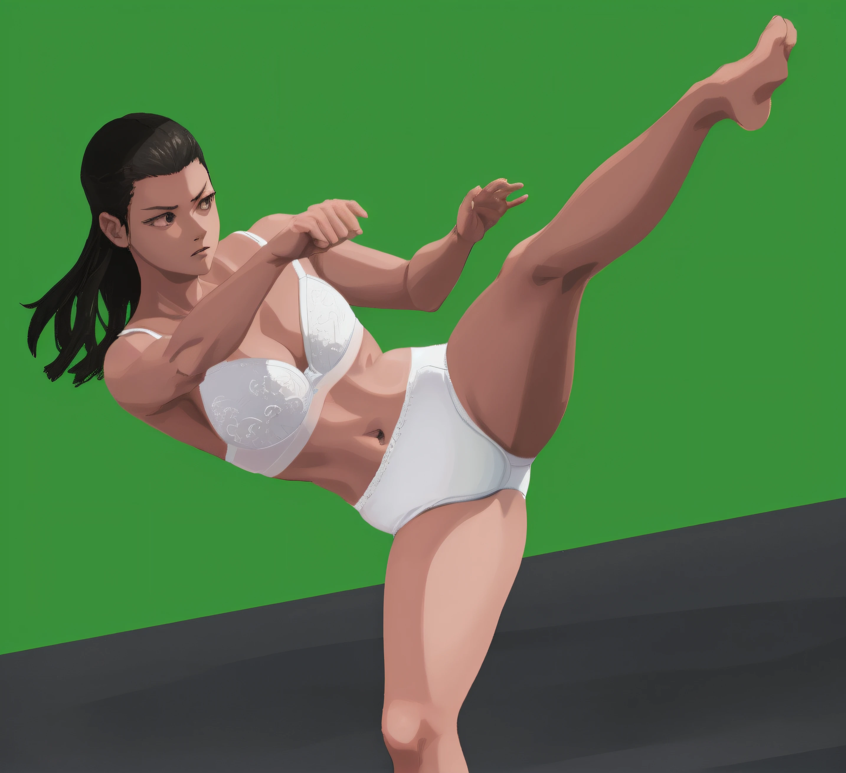 Korean martial arts woman, in white bra, white cotton panties, throwing a high kick, anime art style, intricate details