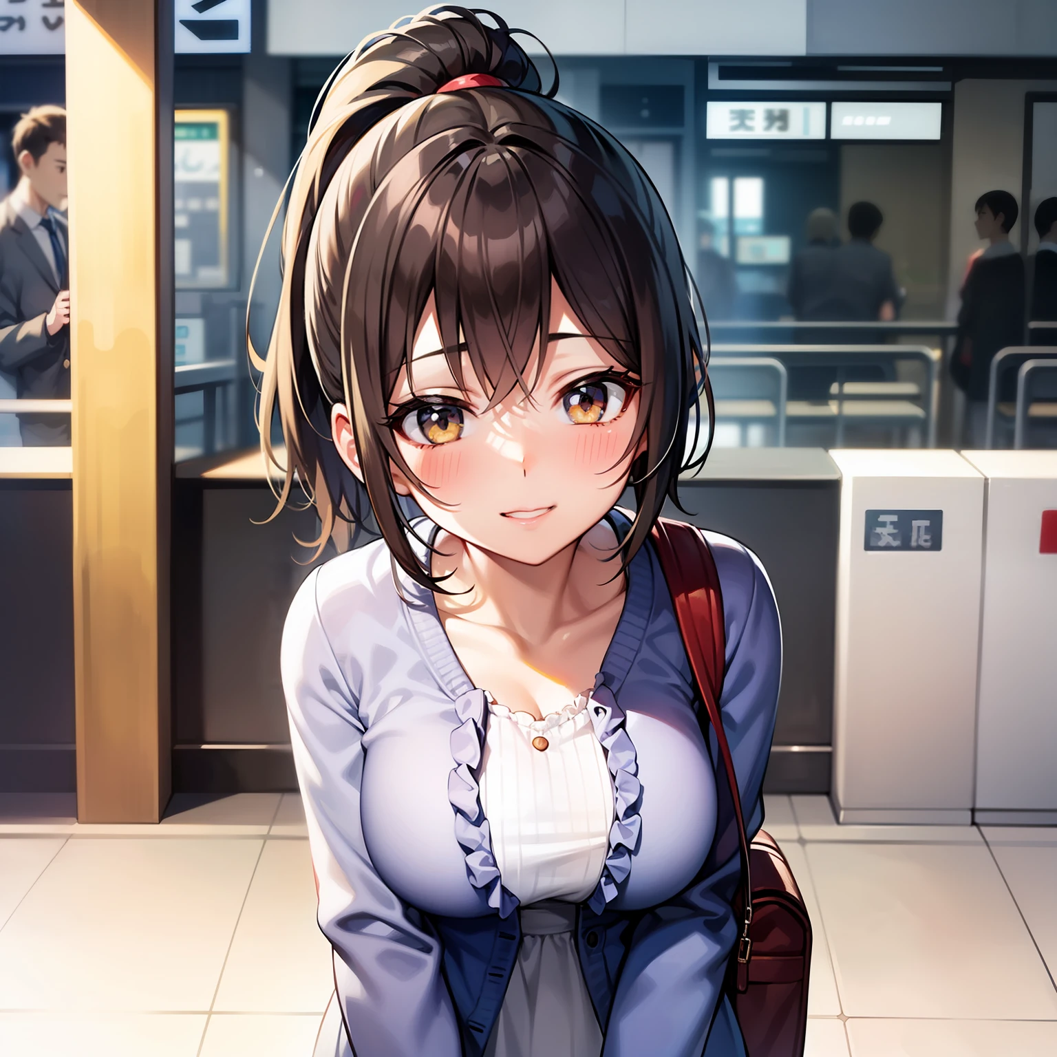 1girl, Modern Japan train station, in front of the station ticket gate, waiting,cute 20 year old short girl in the Japan, Big breasts, , Brown hair, Big ponytail, Light blue cardigan,open_clothes,Cute white dress with frills,Looking at camera, natural smile,Blurring background,Only the upper body and head can be seen,