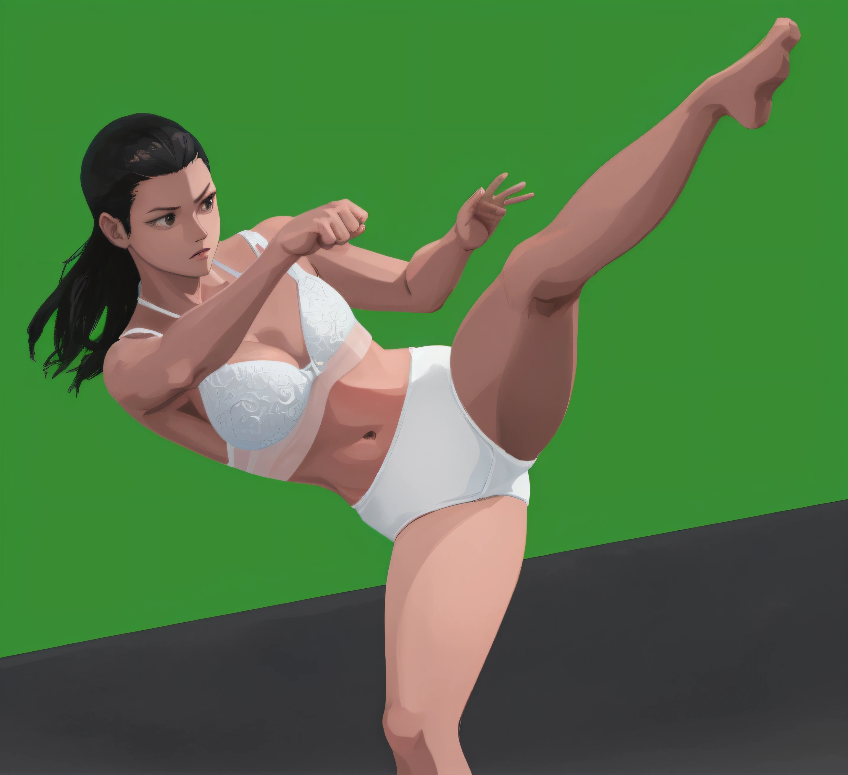 Korean martial arts woman, in white bra, white cotton panties, throwing a high kick, anime art style, intricate details