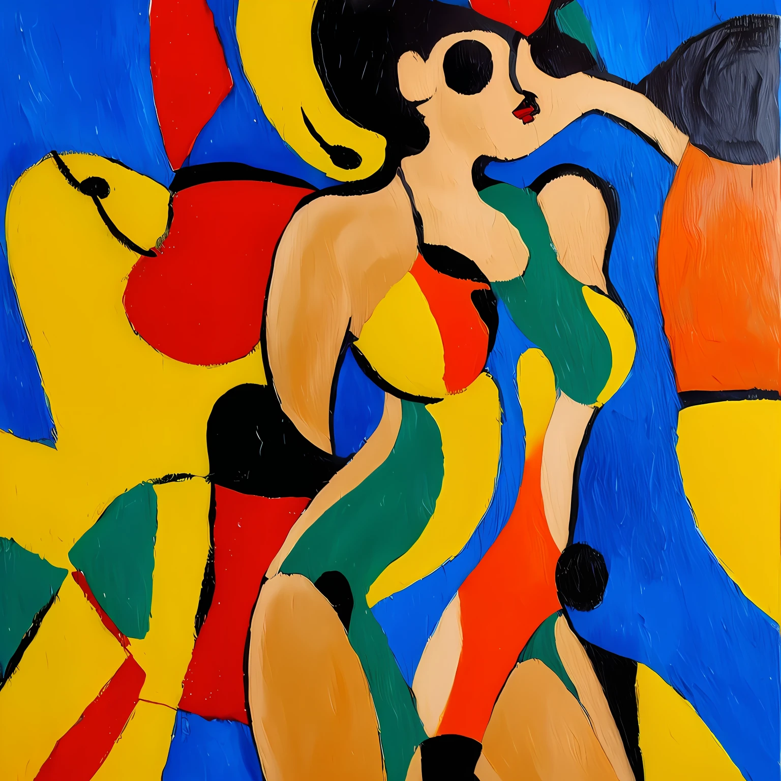 rude and crude oil painting miró thick brush texture on wood bright colors orange and blue, confident and bold beautiful woman in bathing suit, delicate body contour