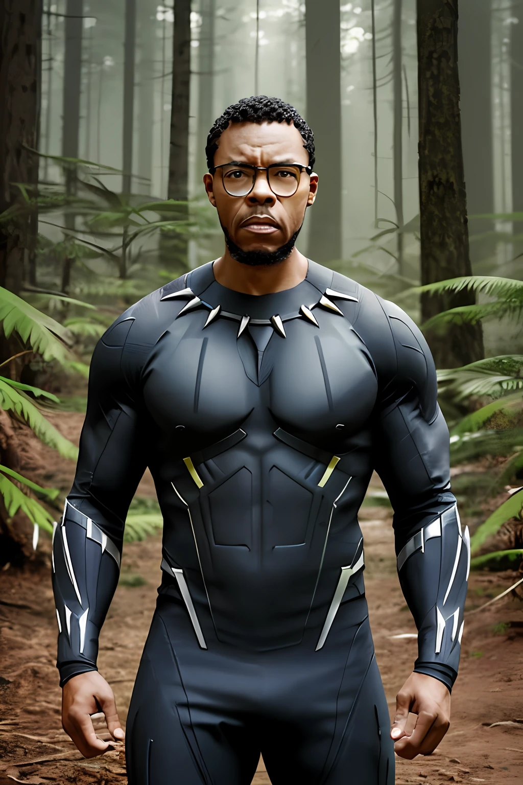 guttonerdvision4, a 3-year-old boy wearing glasses, detailed skin, detailed face, poros, whole body in the scene, wearing Marvel's Black Panther uniform without the mask in the center of the image posing for the photographer. The clothing is detailed. The scene is in a forest. The lighting is cinematic, and the scene very detailed in UHD. Photorealism is the trend of this award-winning photography.