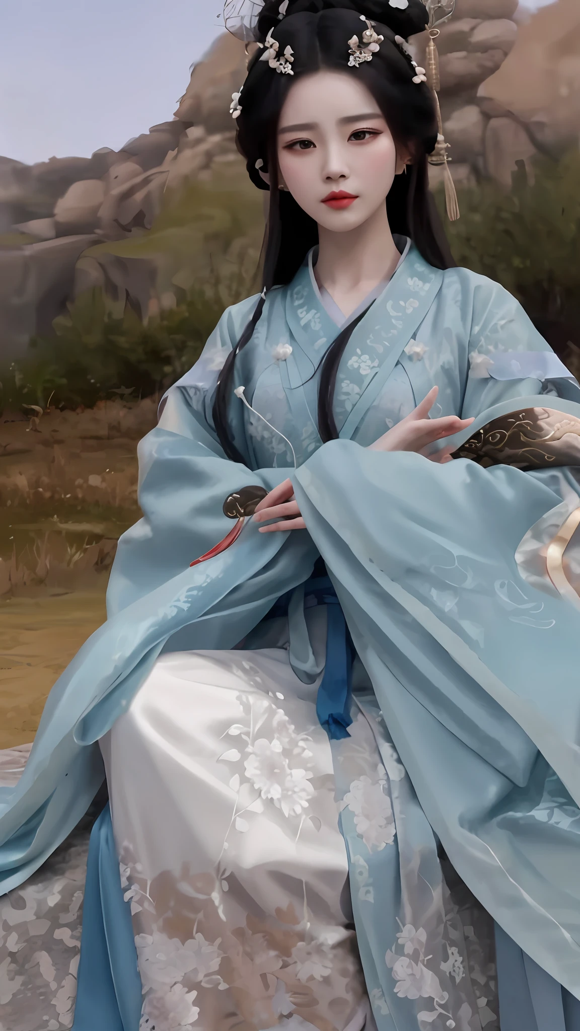 a close up of a woman in a blue dress sitting on a rock, palace , a girl in hanfu, hanfu, wearing ancient chinese clothes, flowing hair and long robes, flowing magical robe, white hanfu, with acient chinese clothes, very detailed and rich clothing, wearing a luxurious silk cloak, ancient chinese princess, a beautiful fantasy empress, chinese costume