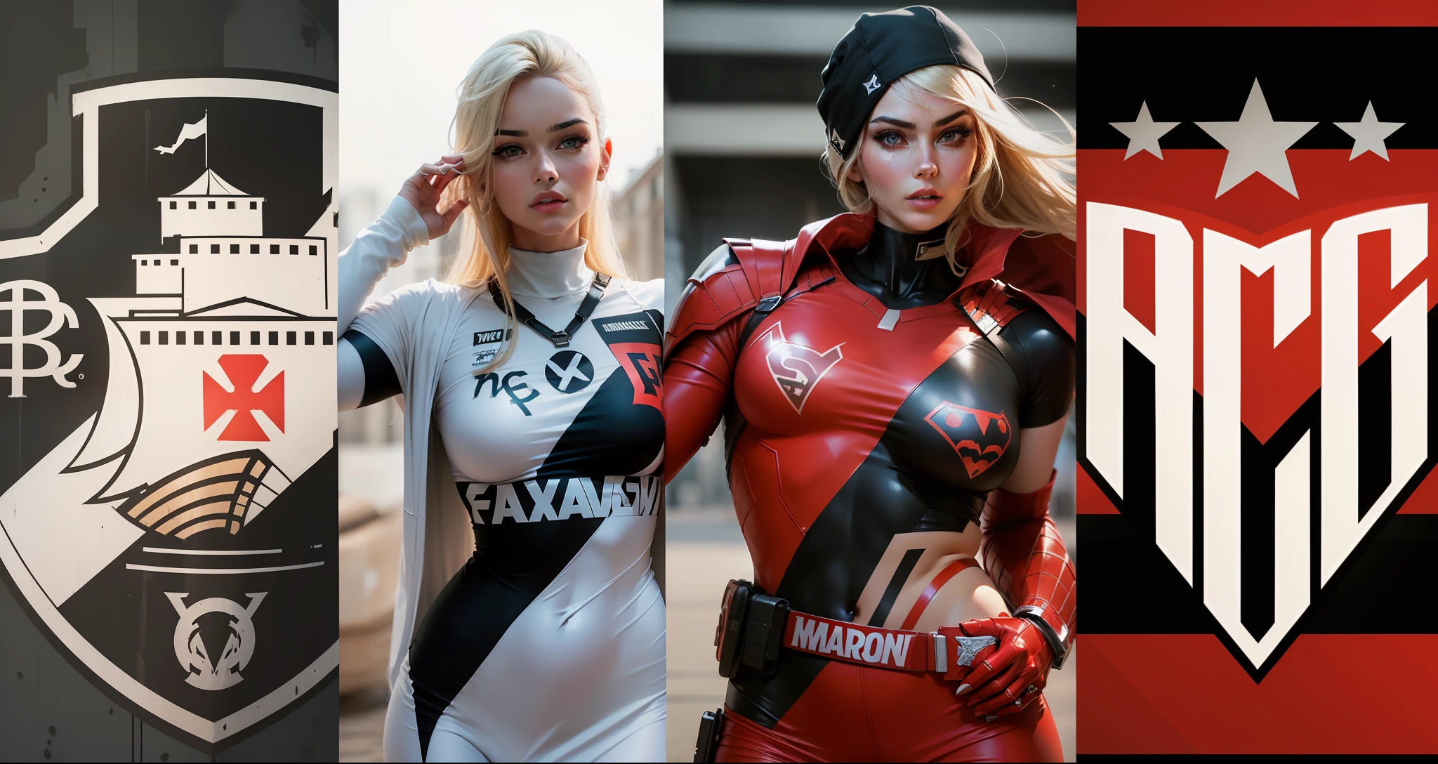 Two gorgeous and perfect women with charming bodies, dressed in marvel-style superheroine outfits with effect on the logos, --auto