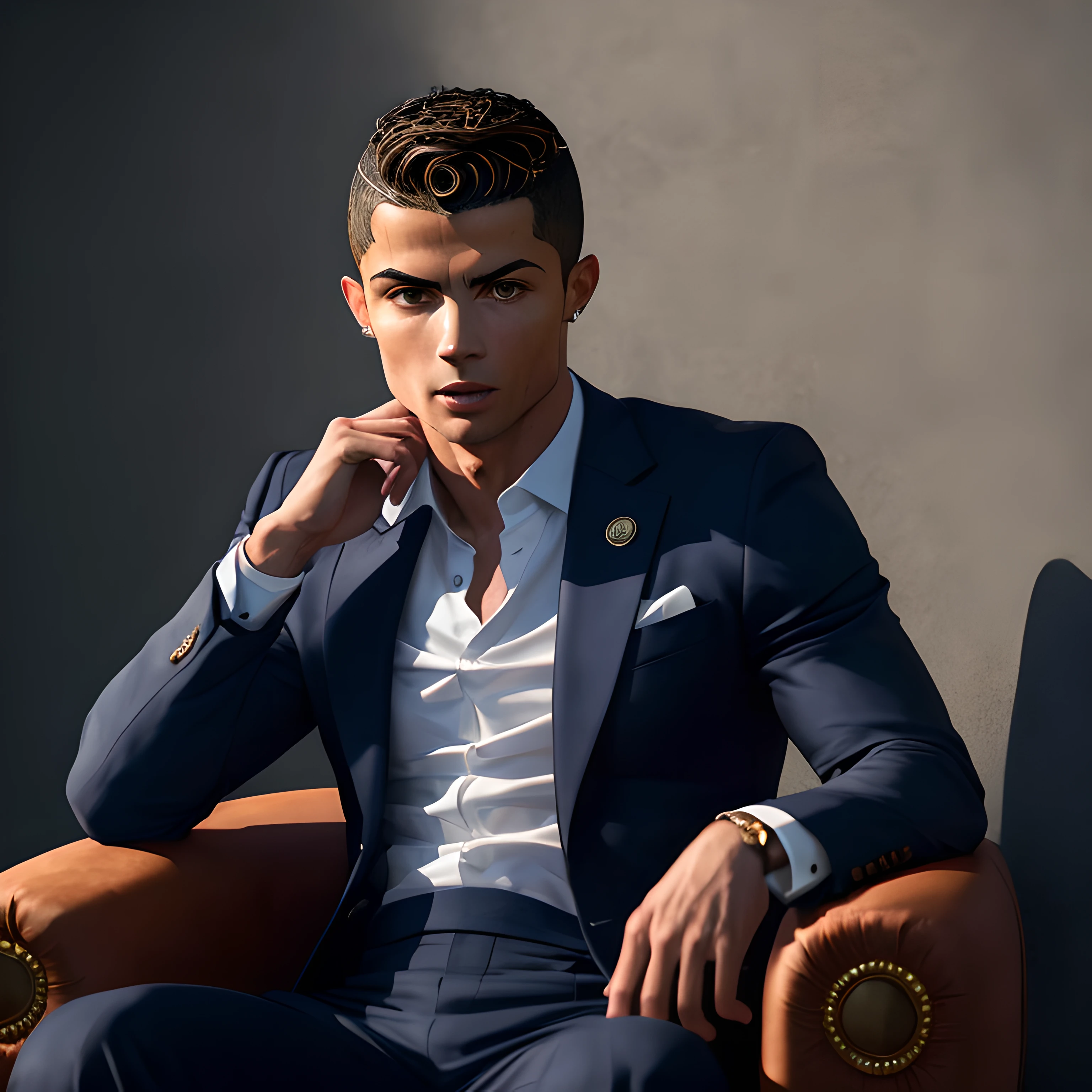 A realistic photograph of Cristiano Ronaldo in a studio setting. Cristiano Ronaldo is sitting in a dark brown leather armchair, wearing a flawless black suit. The focus is on Ronaldo's face, capturing every detail of his expression, his unique features and his intensity. The lighting is soft, highlighting the subtle shadows on his face and highlighting his piercing eyes. The surrounding environment is minimalist, with a neutral wall as a backdrop, allowing attention to focus entirely on Ronaldo. Photography, 50mm full-frame lens, ol --air 3:2 --v 5 Cristiano Ronaldo olhando fixamente a câmera --auto