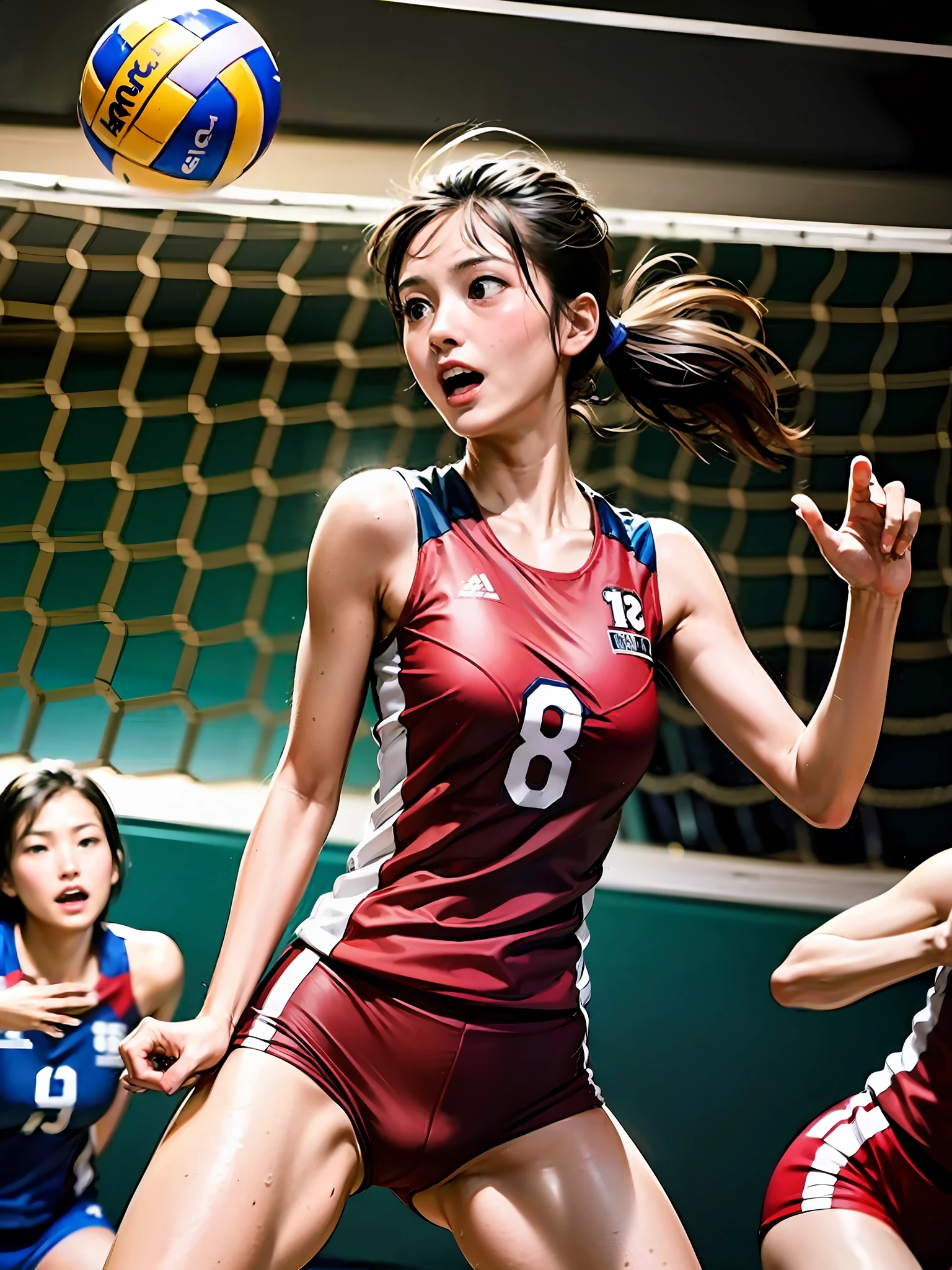 A volleyball player blocking an opponent's attack in an important match