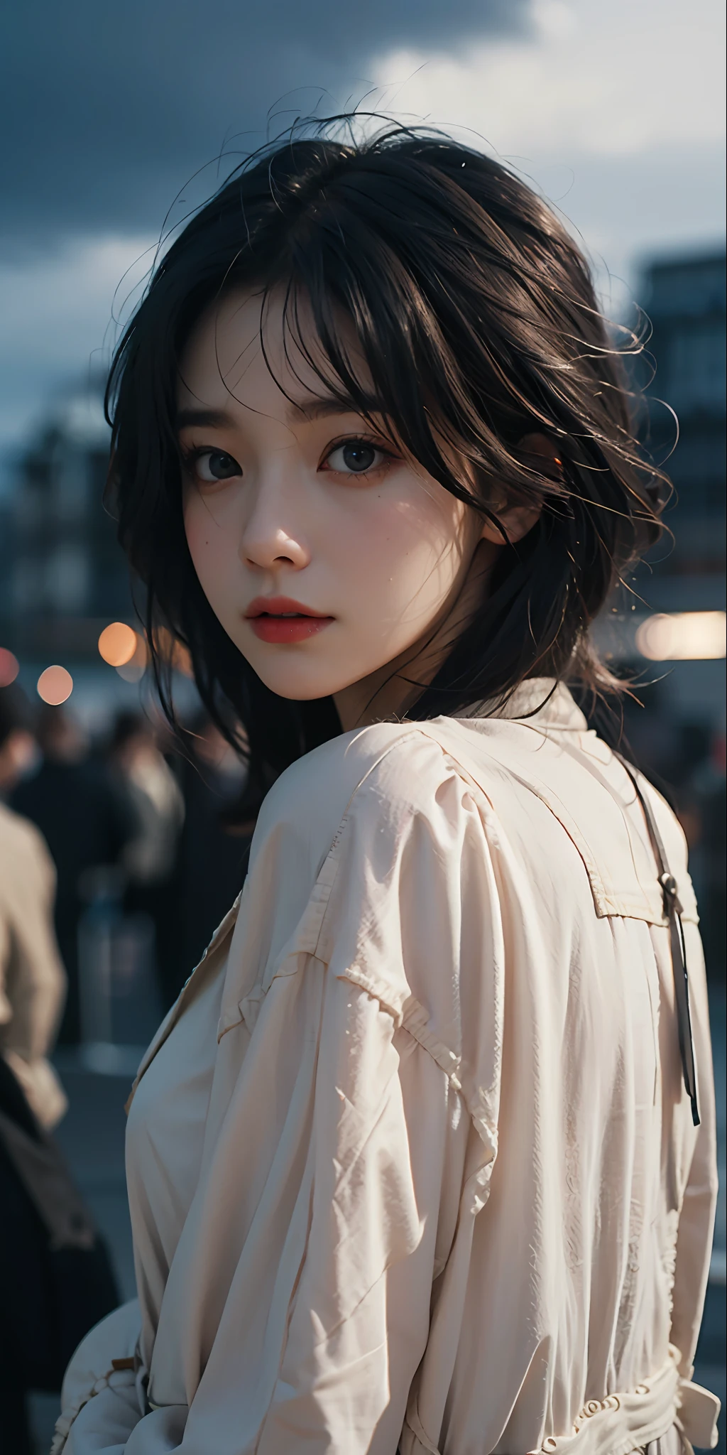 8k, new york, outdoors, crowded, cloudy sky, mature female, black hair, warm lighting, cinematic, photorealistic, high quality, highres, masterpiece, night, natural beauty, blush, sensual look