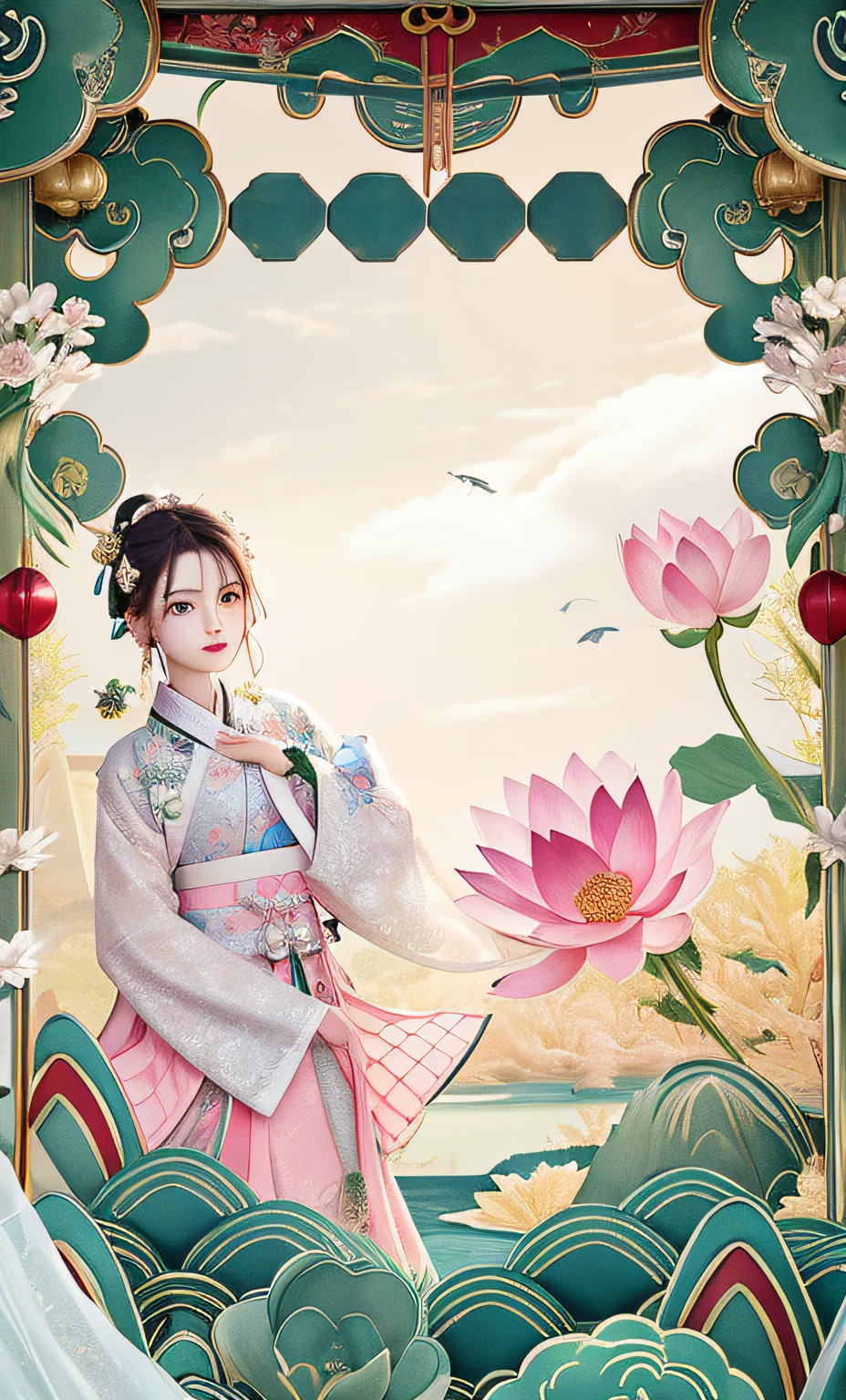 there is a woman in a dress holding a fan in front of a picture, pink lotus queen, palace , a girl in hanfu, inspired by Jeong Seon, inspired by Sim Sa-jeong, inspired by Yun Du-seo, inspired by Huang Ji, inspired by Qiu Ying, queen of the sea mu yanling, inspired by Pu Hua