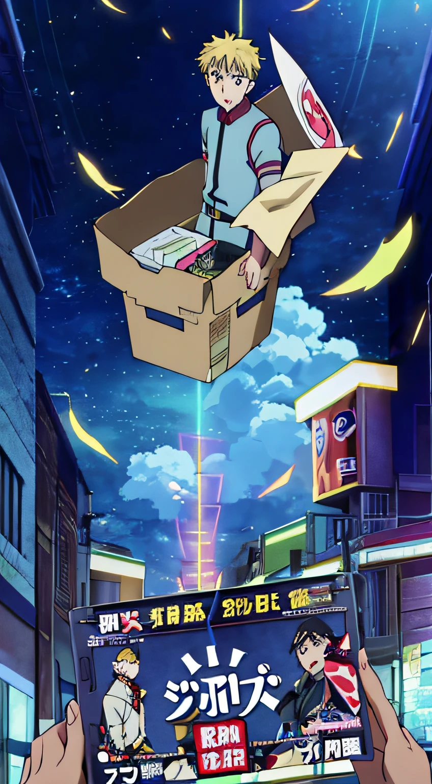 anime poster of a boy in a box floating in the air, anime still film anime shikishi, anime cover, very - high - budget anime movie, high - budget anime movie, official anime key media, screenshot from the anime film, movie promotional image, 2 0 2 1 anime, anime movie, today's featured anime still, anime film still