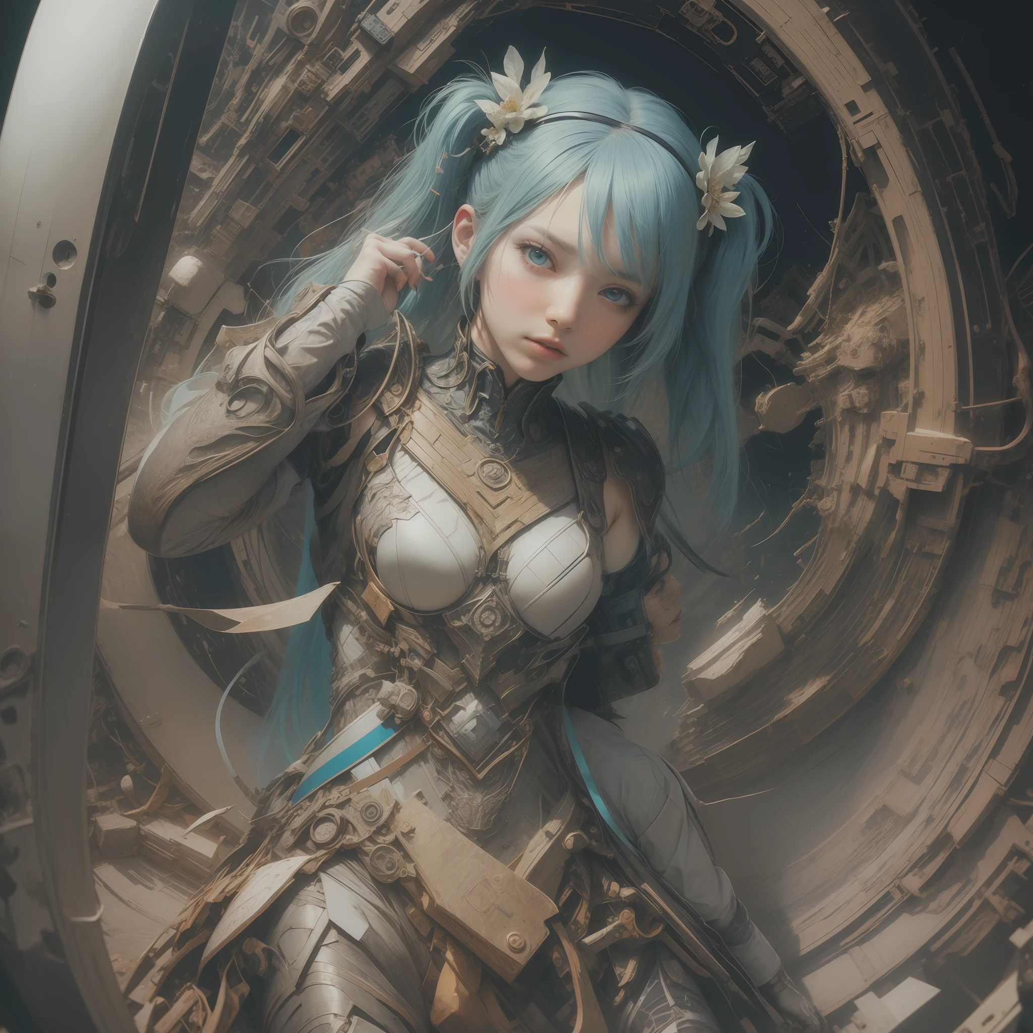 Hatsune Miku, ((hyper detail)) (Real: 1.5), (Raw photo: 1.4), (Photorealistic: 1.3), (Masterpiece), highest quality, highest quality, highly detailed CG Unity 8k wallpaper, detailed and complex, original, miracle witch, turbulent space, flowers, high resolution, :( detail face: 1.2): 0.2], film grain, (high detail skin: 0.9), 8k, Detailed gradient background, distant, full body