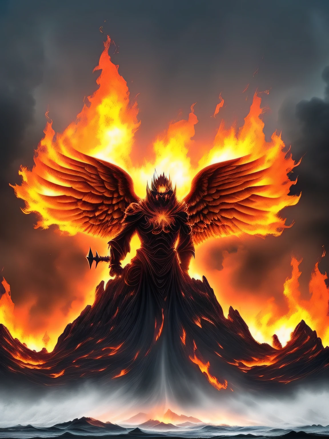 8K, cinematic, high resolution, close up, a dynamic and visually intense digital artwork that portrays an epic battle in a hellish scene. Depict a chaotic and fiery landscape with billowing clouds, engulfed in flames, and Earth in a state of turmoil. Position the angel and demon as the central figures in the composition, locked in an intense combat. Render the angel with divine radiance, depicting flowing robes, majestic wings, and a determined expression. Contrastingly, depict the demon with menacing features, dark and twisted form, and a ferocious countenance. Emphasize their respective powers and distinct characteristics through intricate details. Surround the battlefield with a hellish landscape, combining elements of fire, clouds, and chaos. Illustrate raging infernos, with flames licking the terrain and engulfing the surroundings. Use a mix of warm tones such as reds, oranges, and yellows to enhance the intensity of the scene. Incorporate billowing clouds and smoke, adding to the atmosphere of turmoil and destruction. Depict swirling shapes and dark shadows within the clouds, hinting at the otherworldly forces at play. This will enhance the dramatic impact of the composition. Show Earth in a state of chaos beneath the battleground. Illustrate crumbling buildings, shattered landscapes, and chaotic elements such as stormy seas or tornadoes. Capture the devastation and sense of despair, underscoring the gravity of the conflict between good and evil. Through meticulous attention to detail and dynamic composition, create an artwork that captivates viewers with its intensity and symbolism. The clash between the angel and demon, the hellish scene of fire and clouds, and the Earth in turmoil will evoke a sense of awe and invite contemplation about the eternal struggle between good and evil