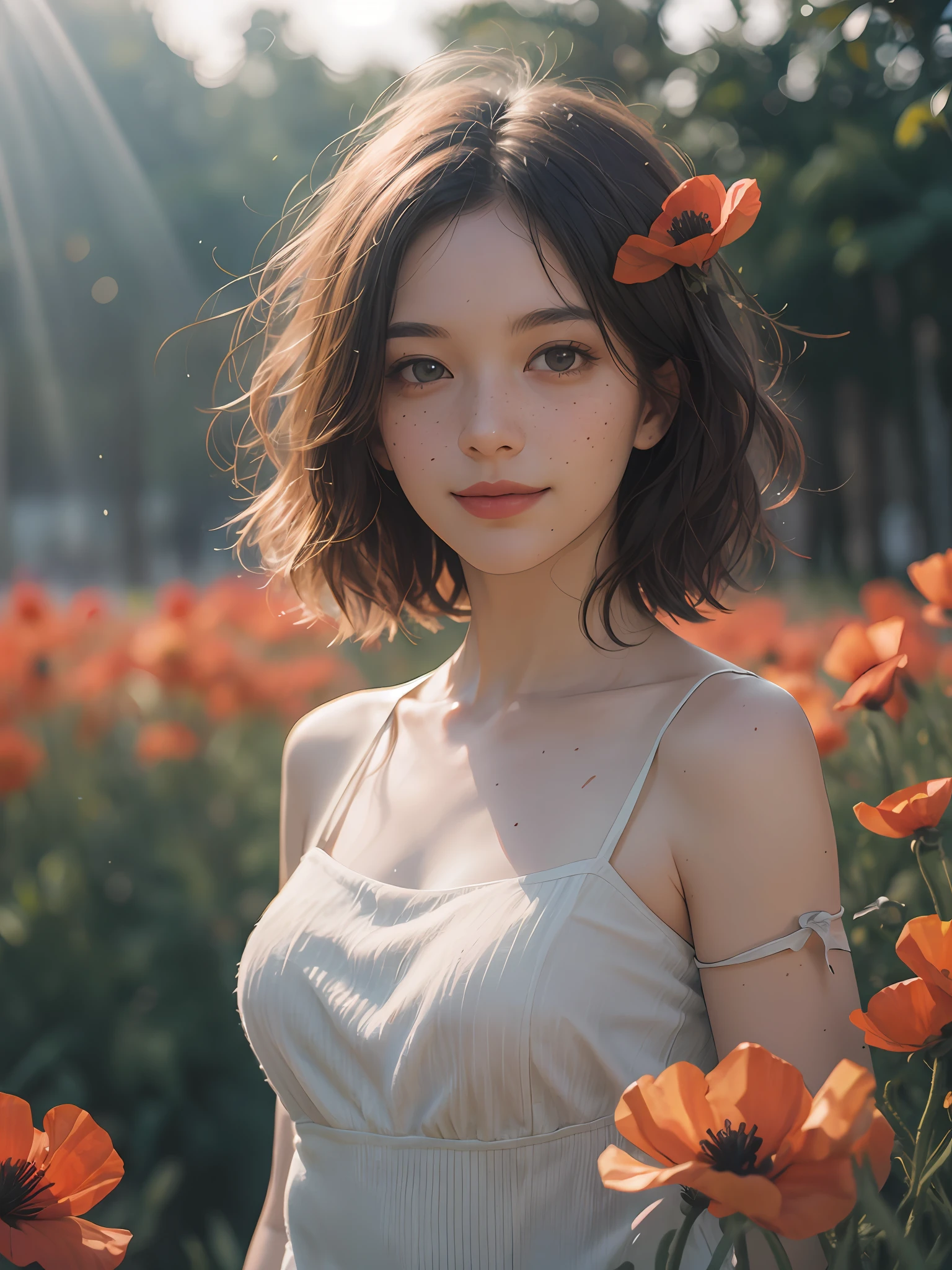 Best quality, masterpiece, ultra high res, (photorealistic:1.8), (freckles:1.0), raw photo,(shot from top high camera angle), 35mm, ultra sharpness, misty photo, 1girl, smirk smile, slouchy editorial pose, shoulder in, in the dark, deep shadow, low key, natural light on face, cold light, majestic light, light rays at the back, sexy look, messy short hair, colourful wild poppy flowers background and foreground, flower bokeh, (film grain:1.0)