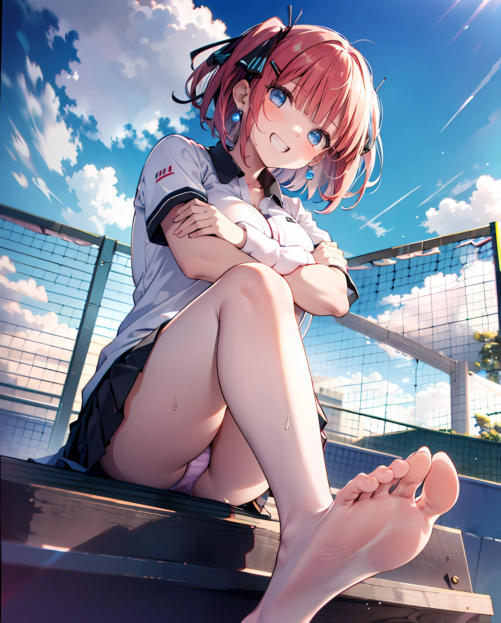 absurdres, highres, BREAK looking at viewer, full body, (from below:1.5) BREAK (vivid-color:1.3) BREAK (one girl:1.3), (:1.2),red hair, blue eyes, tennis uniform, hairclip, earrings, jewelry, nm1, hair ribbon, short hair, tennis cosplay, (pleated super short skirt:1.4), (thighs:1.3), large breasts, (grin, great laughter:1.3), open mouth, (folding one's arms:1.3), (breast:1.3), round eyes, (blowing in the wind:0.5), sweat around girl, dripping sweat, (((Very pretty panties))), (sit on a bench:1.3), (bare feet:1.3), (foot focas:1.2),(two feet:1.3), crossed legs, looking down,looking at viewer, perfect foot,(emphasis on the soles of the feet1.3), from below ceiling, breath, pov, (shiny skin:1.1), squall (wind:1.2), sense of speed, refreshing breeze, motion blur effect, wind BREAK background is (tennis court:1.3), (Stand in the center of the screen:1.3), (10,000 people spectators:1.3), multiple people behind you, blue sky with clouds, outdoors, (magnificent panorama view:1.2), wind BREAK sunlight, magnificent view, rainbow in the sky, light particles, dynamic angle, dutch angle, perspective BREAK (daytime, sunbeam:1.2), depth of field, bokeh, light leaks, (chromatic aberration:1.2), noon BREAK