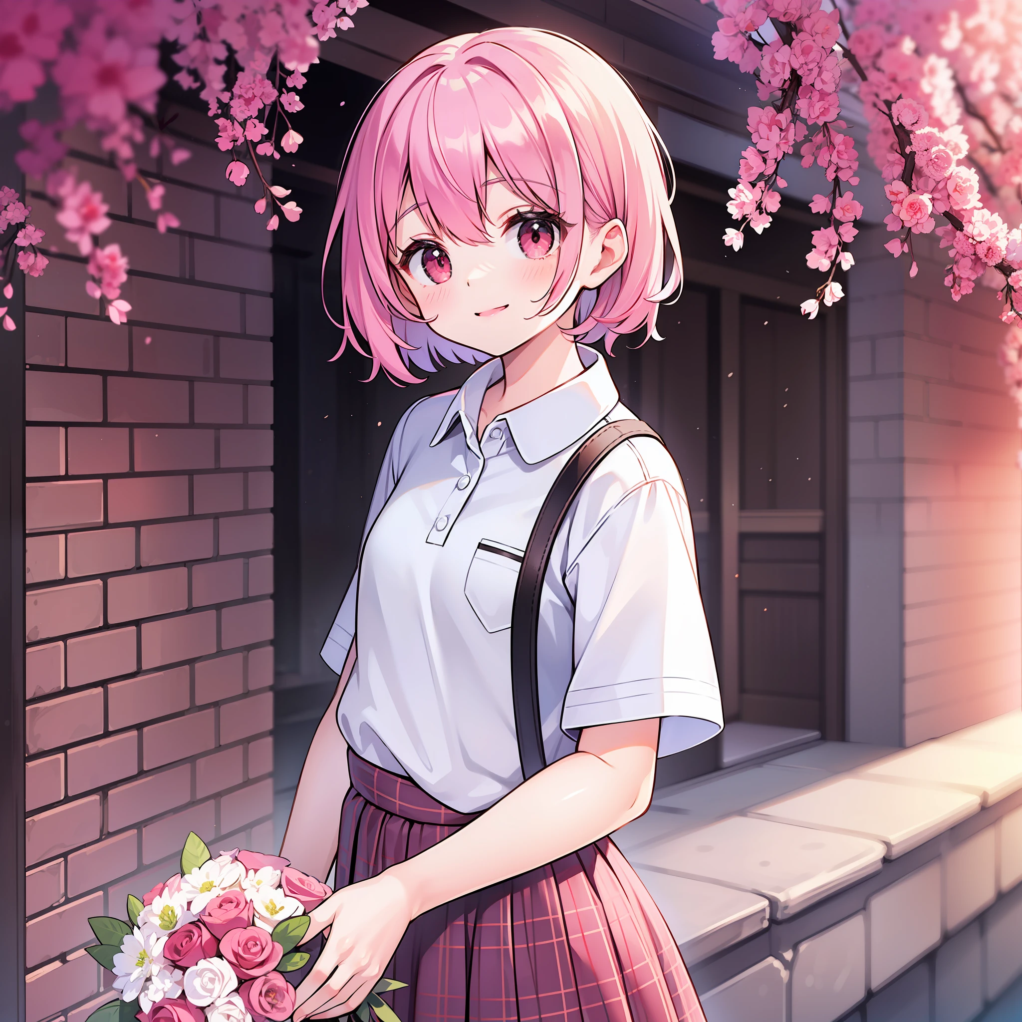 Short hair, pink hair, white ribbon over hair, light red eyes, smile, plaid short sleeve collar polo shirt, skirt, outdoors, holding bouquet with both hands