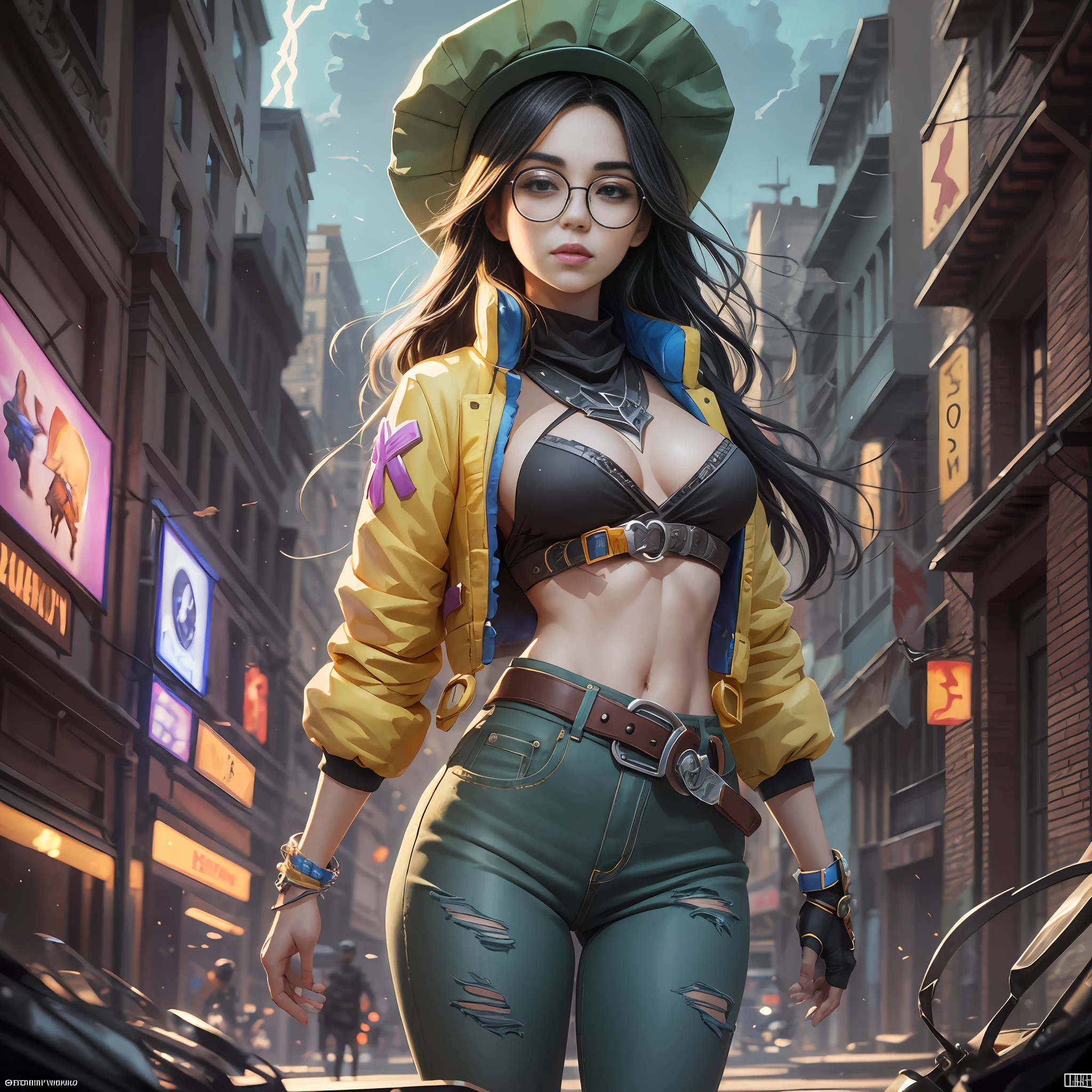 anime style, widescreen, masterpiece, best quality, {{{{official art}}}}, valorant killjoy, dark black hair, circle glasses, big boobs, killjoy green hat, round glasses, yellow jacket, gray shirt, belt, black pants, torn clothes, lonely, full body, butt, small breasts, ultra high resolution, perfect anatomy (small breasts), beautiful hips and stomach, beautiful face, beautiful hands, high resolution beautiful eyes, character concept, perfect anatomy, focus, dynamic, high details, highly detailed, sharp soft focus, Kim Art Jung Gi, Artgerm, Carne Griffiths and Wadim Kashin, Sasha Yakovleva, Loish, Jeremy Mann , Lightningwave, Victor Nizovtsev, Greg Rutzowski, Noah Bradley Trending on Artstation, 8K, Masterpiece, Fine details, Full of colour.