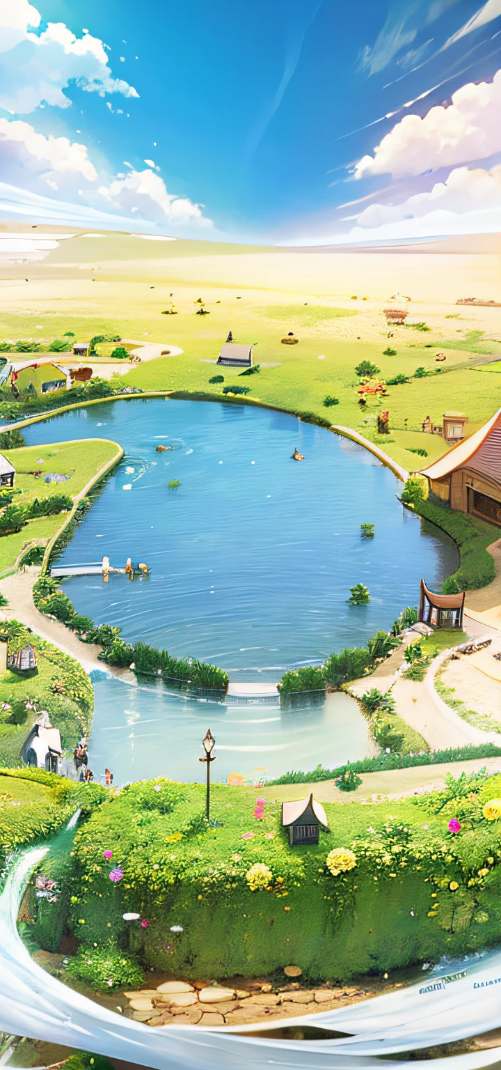 There is a small pond with lots of water, bubbling landscape, detailed scenery - width 672, magical sparkling lake, mini lake, set is blissful wallpaper, background artwork, beautiful lake background, cute detailed digital art, amazing wallpaper, relaxing concept art, anime countryside landscape, official artwork, landscape art detail, lake background, sunny environment, small lake, illustration style --auto