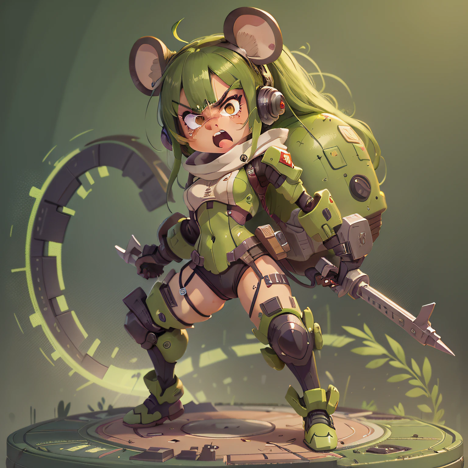 chibi, mouse, cute, piloting a green war tech tank, action pose, female, evil look, angry face, bigbadejo, full body, masterpiece, 3D Rendering, Best Quality, Lots of Detail, (plain background), vinyl toy figurine