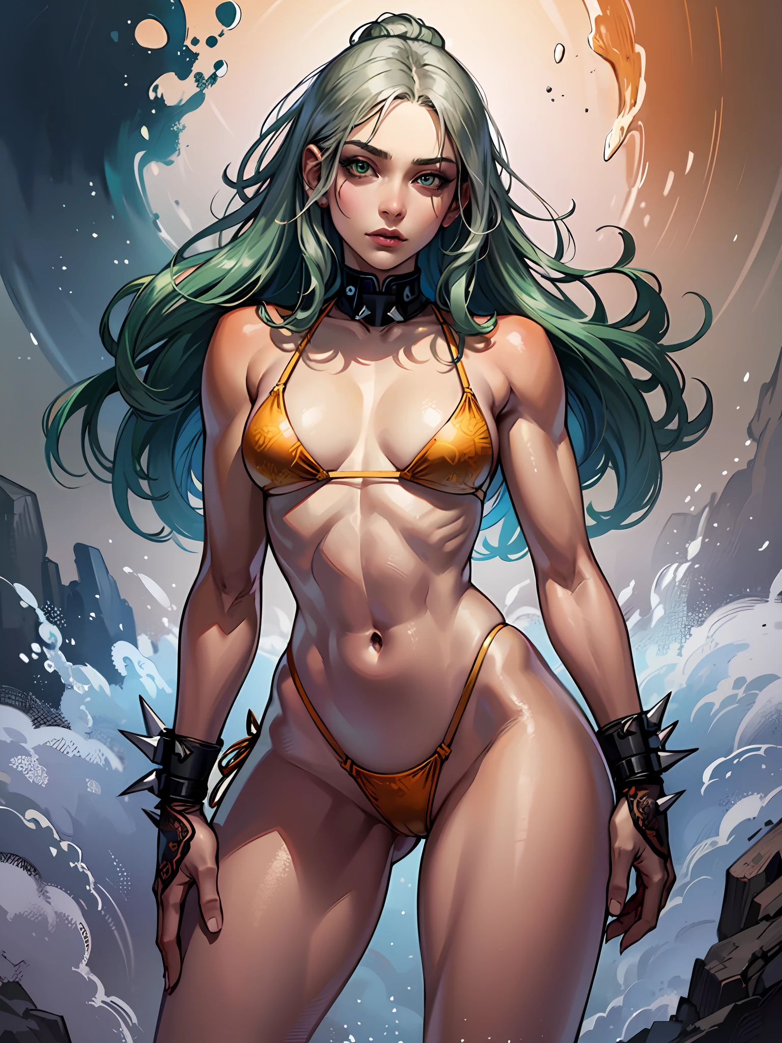 (masterpiece, best quality), girl, wearing micro thong ((orange micro-thong bikini:fire_pattern_design_bikini)) , bio-luminescent_water_world, wide angle, athletic body, shinny_skin, flat chest, silver eyes, green long spiked hair styled in spikes, determined expression, small waist, broad chest, big mane, muscular , illustration, watercolor ink sketch, ((extremely detailed, extremely detailed legs, extremely detailed arms, extremely detailed face, perfectly detailed eyes, perfectly detailed anatomy))