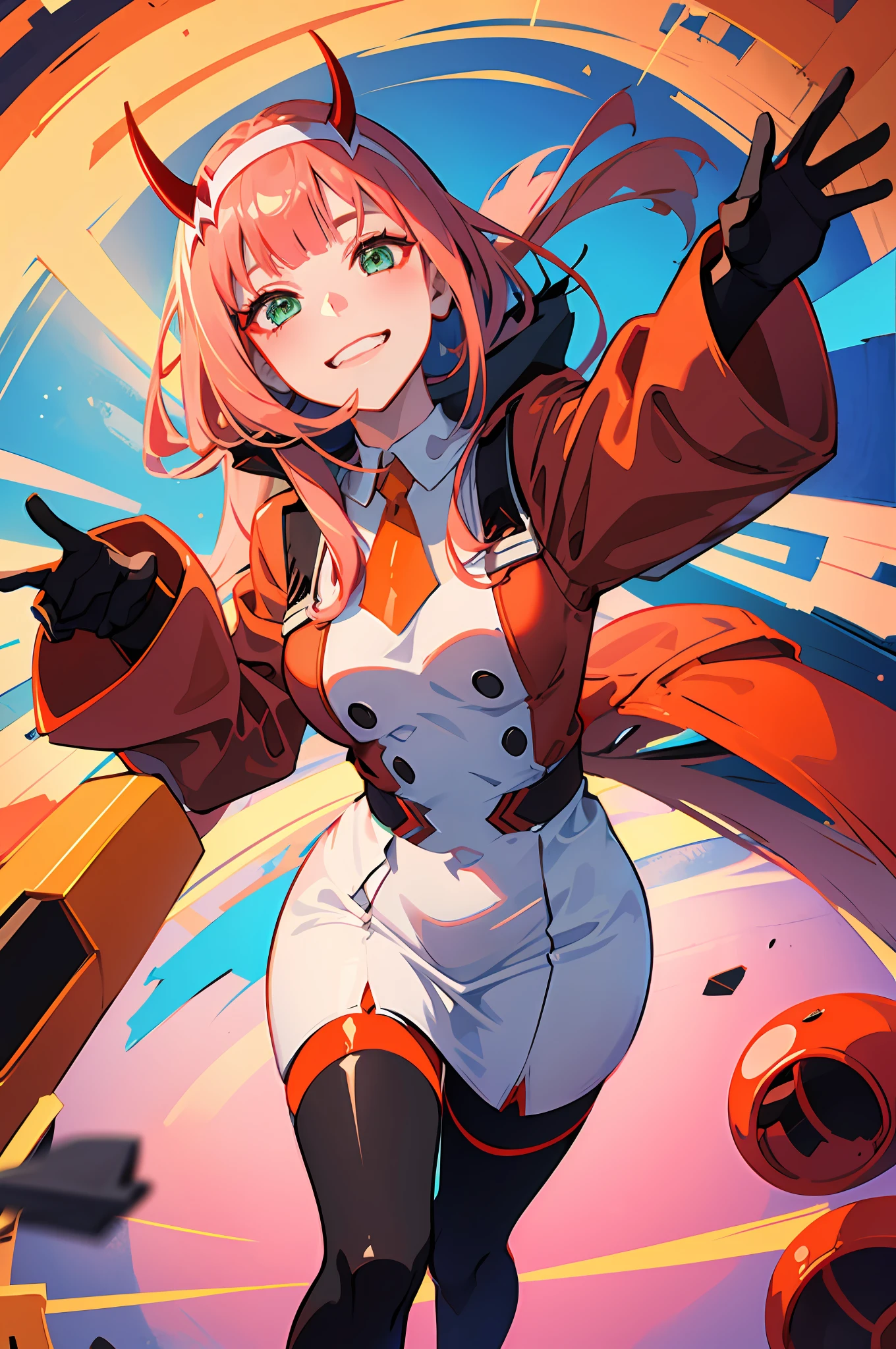 zero two \(darling on franxx\), darling on franxx, 1girl, fringe, selfie, smiling, biting, shadow, green eyes, hair behind head, horns, long hair, makeup, small breasts, red dress, orange tie, belt, red long sleeve, pantyhose, pink hair, red eyeshadow, science fiction, tight skin, solo