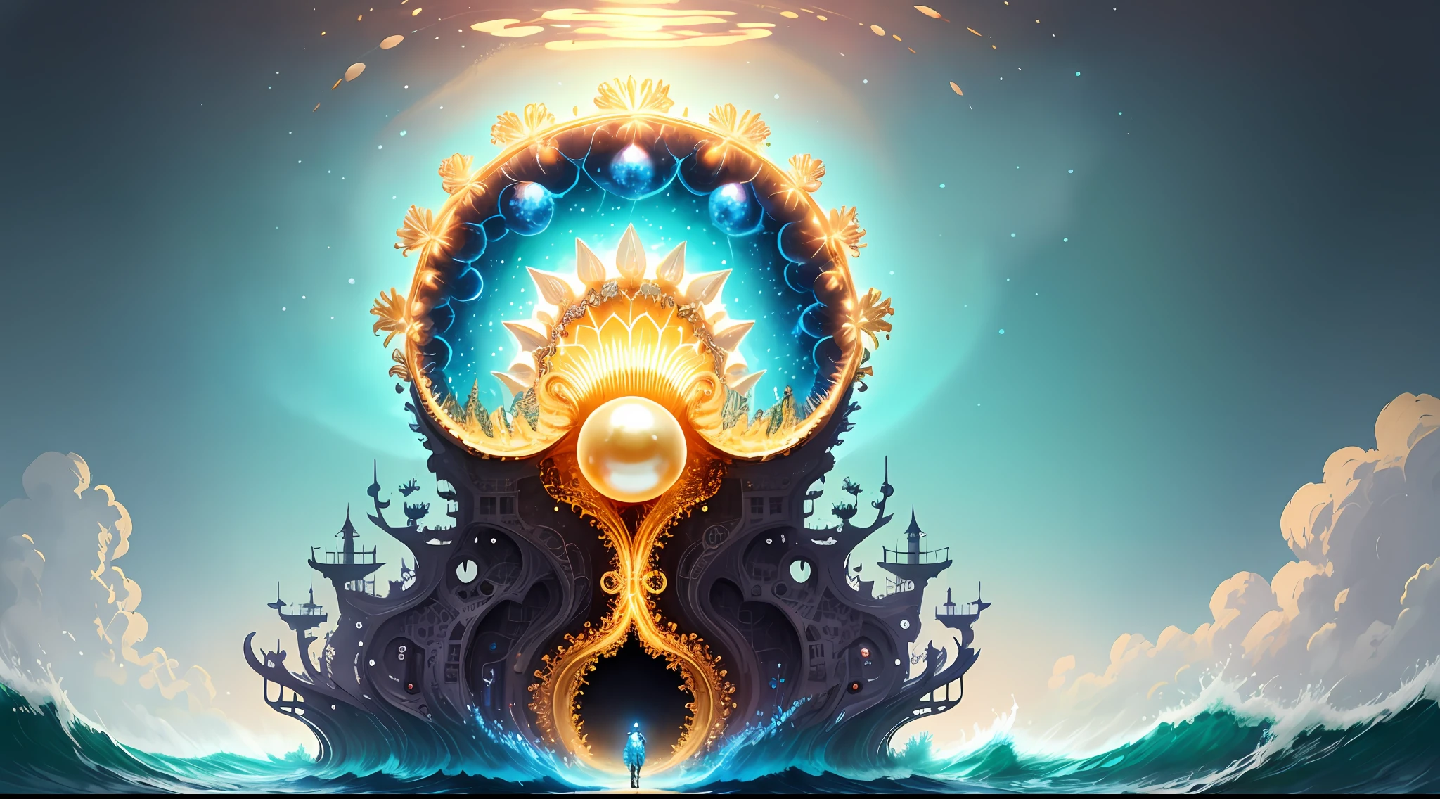 "Create a masterpiece of beautiful "giant ocean twisted Mandelbrot fractal shell, golden pearl nacre" with ultra-detailed concept art inspired. Unleash your inner Cu73Cre4ture programmer with the power of steady diffusion and bring your imagination to life! ", high detail, 8k
