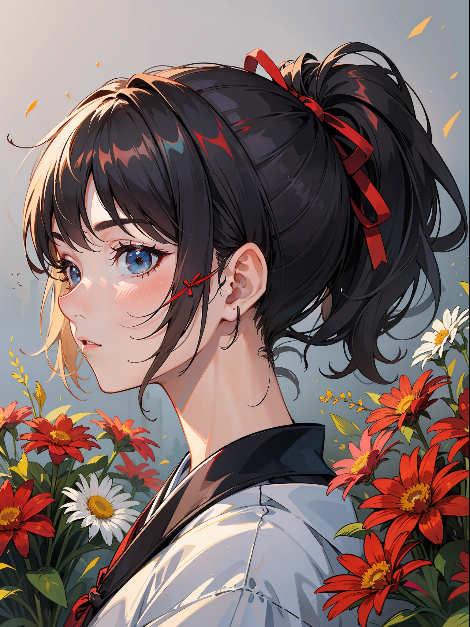 Masterpiece, super high quality, super detail, perfect drawing, solo, beautiful girl, black ponytail, hair tied with a big red ribbon, equipped with two Japan swords, holding a big bouquet, bouquet with love, bouquet to you,