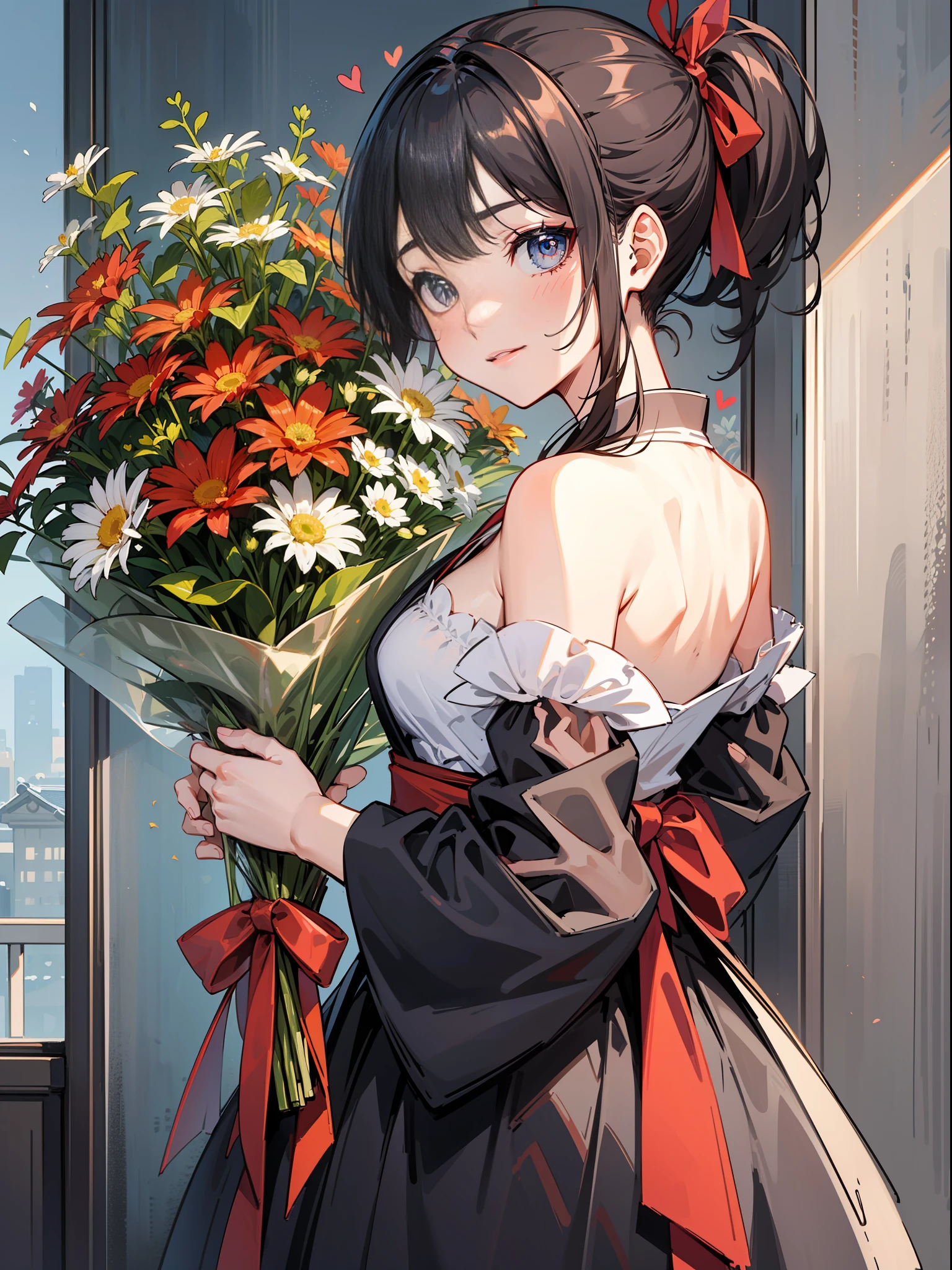 Masterpiece, super high quality, super detail, perfect drawing, solo, beautiful girl, black ponytail, hair tied with a big red ribbon, equipped with two Japan swords, holding a big bouquet, bouquet with love, bouquet to you,