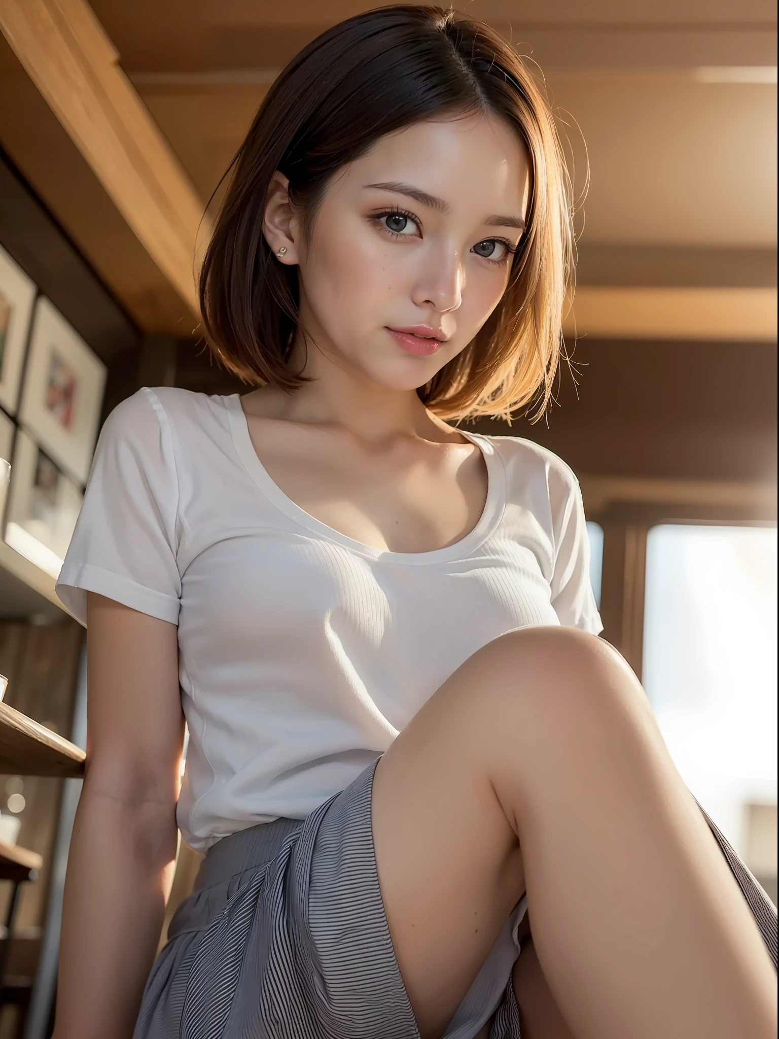 ((Best quality, 8k, Masterpiece: 1.3, raw photo)), Sharp focus: 1.2, 1 aespa girl, (realistic, photo-realistic:1.37), (face focus: 1.1), cute face, kindness, small breasts, flat chest, short messy hair, sitting, white summer casual, skirt, restaurant, bar, sunlight, cinematic lighting, from below