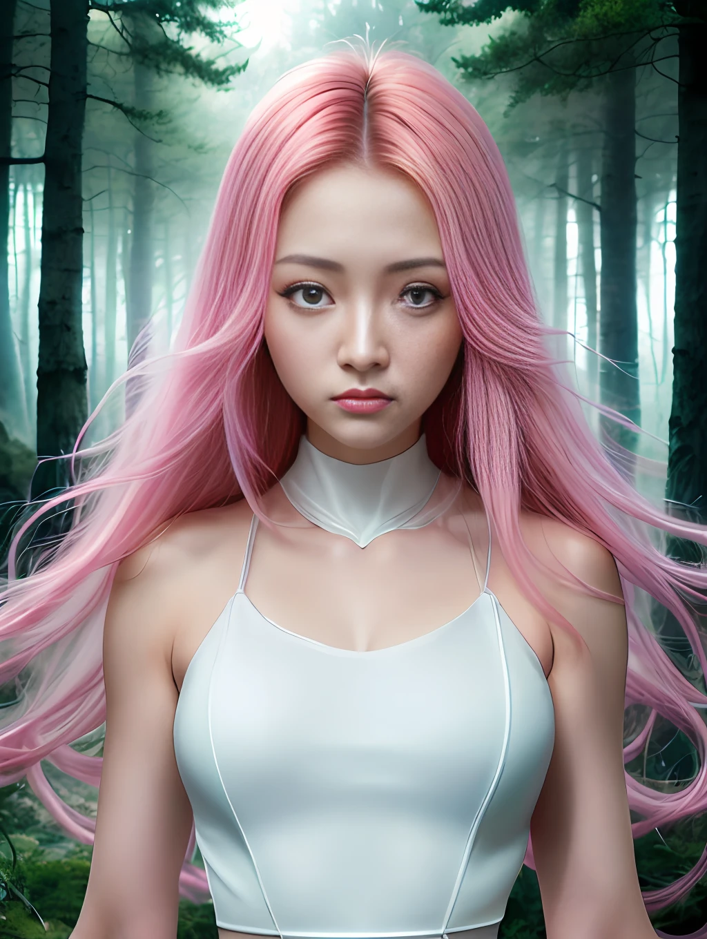 beautiful portrait painting of an anime girl, cute, pink hair, symmetrical face, symmetrical eyes, two identical symmetrical eyes, portrait, beautiful girl, artstation, trending on artstation, gorgeous, smooth skin, cutie, long hair, fantasy style, pastel colors , forest background, FHD, --version 3 --ar 2:3 --uplight --stylize 1250