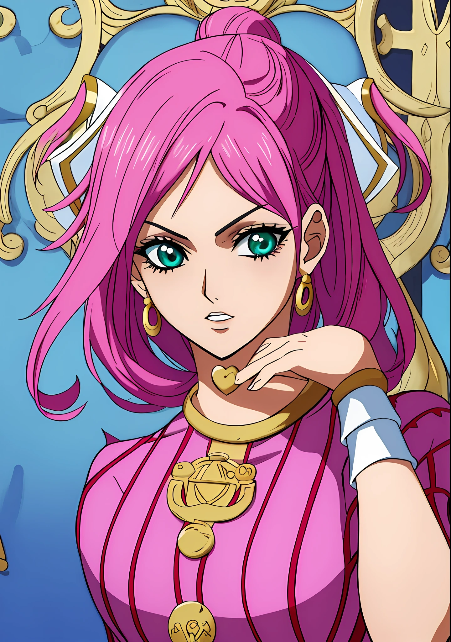 A closeup of a woman with pink hair and a chokehold, in Jojo\'s Bizarre Adventure, Jojo Anime Style, Giorno Giovanna, Jojo's Bizzare Adventure, Gyro Zeppeli, Joseph Joestar, Jojo's Bizzare Adventure!, Bizzare Adventures of JoJo, JoJo's Bizzare Adventure!!, posing as a Jojo character, 4k, masterpiece, high quality, mobile wallpaper, ((1 girl), focus on one character,  1 girl