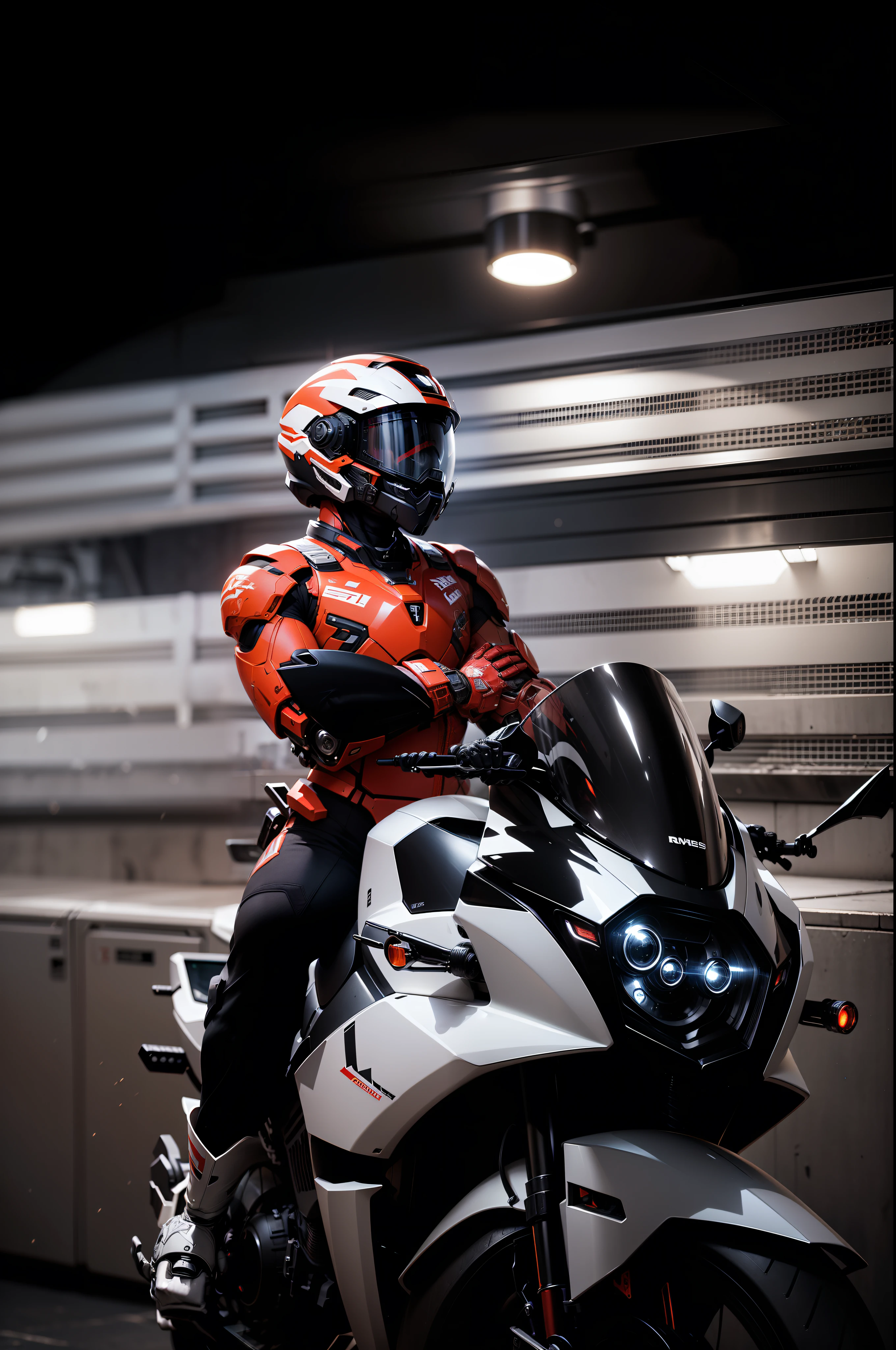 Strong and handsome full body red mech Cyber Handsome Warrior with hands on chest, white Cyber Mechanical Motorcycle, High-tech Black Full Surround Helmet, Short White Hair, Nousr, Biomechanics, MSHN Robot Man, High-Tech Helmet, Hyperreal, Steel, Intricate Design, Crazy Details, Fine Details, Extremely Clear Lines, Cinematic Lighting, Photo Realisticity, Detailed Masterpiece