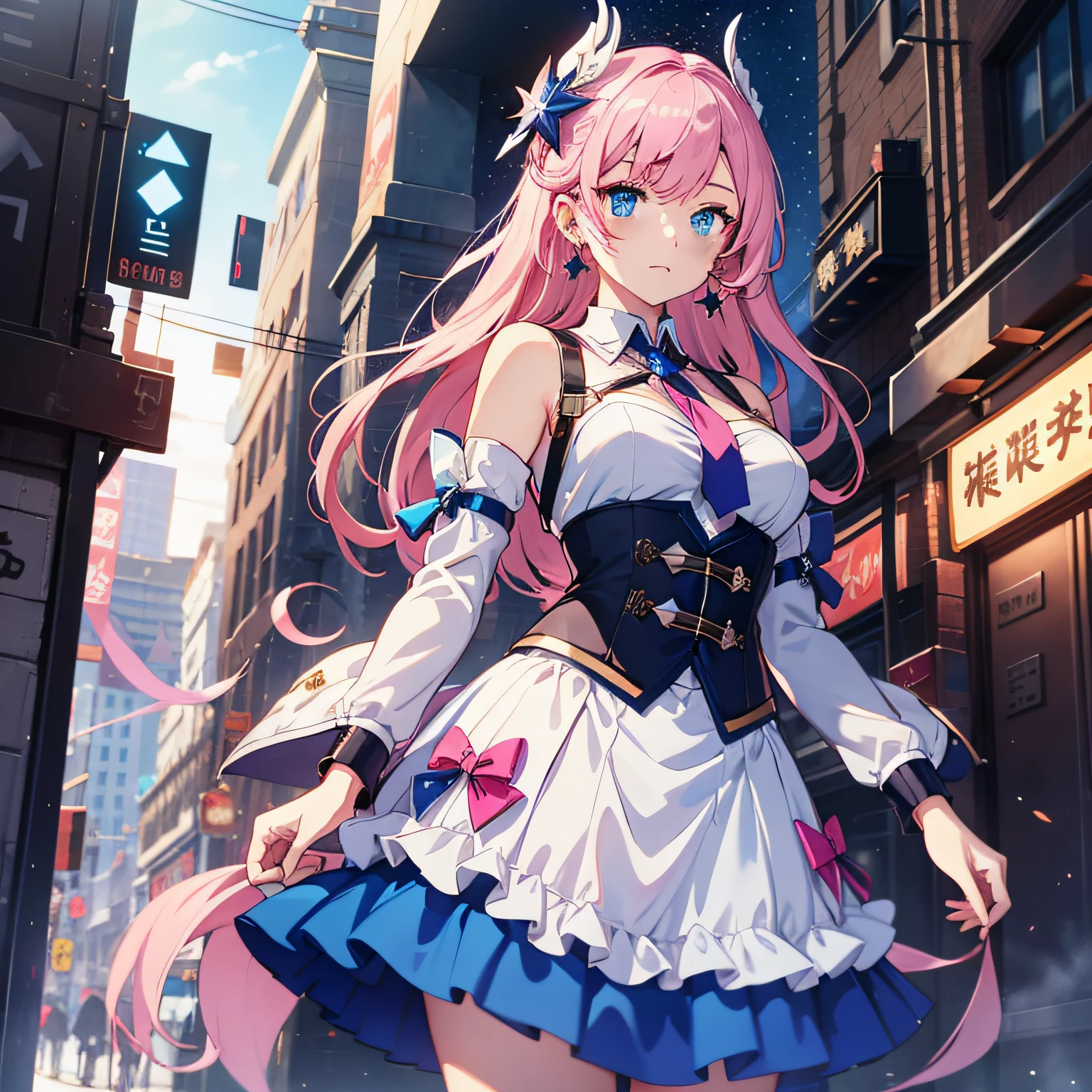 march 7th \(honkai: star rail\), 1girl, blue eyes, blue skirt, breasts, detached sleeves, earrings, ice, jewelry, long sleeves, medium breasts, medium hair, pink hair, shirt, skirt, solo, star \(symbol\), star earrings, white shirt