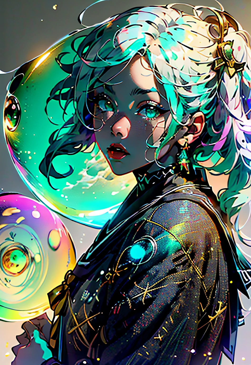 (masterpiece), (best quality), (official art, extremely detailed CG unity 8k wallpaper), (highly detailed), ((absurdres)), 1girl, mid shot, (exquisite facial features),(serafuku:1.3) ((sfw)),((clear hands)), ((white thighhighs without shoes)),aqua eyes, color contact lenses, stars in the eyes, (((colorful bubble))), colourful glass, (album cover)