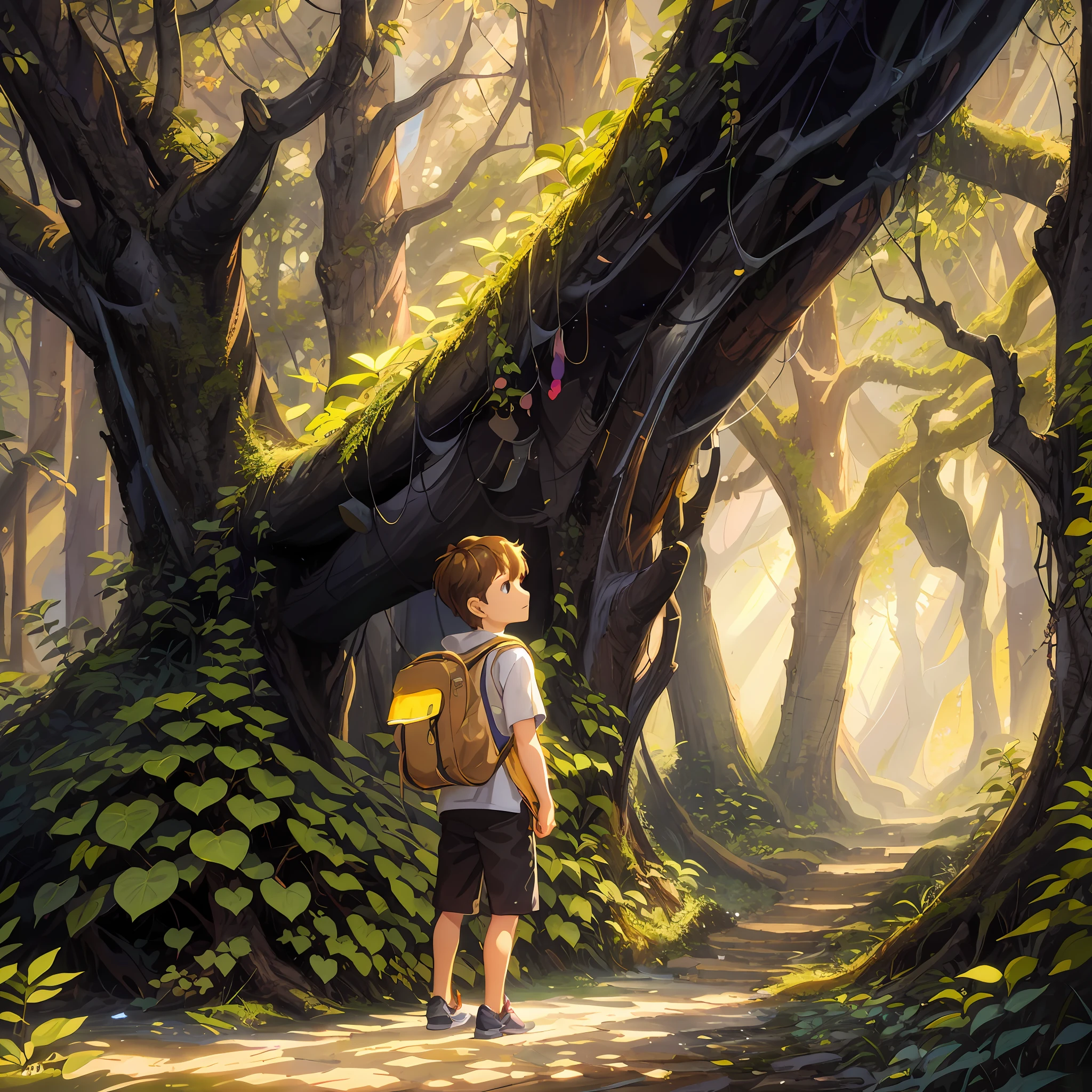 there is a boy standing in the forest looking at a tree holding a map in his hands, children's art in artstation, hyper realistic adventure render, inspired by Goro Fujita, standing in the mystical forest, in the magical forest, realistic fantasy rendering, cyril rolling and goro fujita, in a magical forest, lost in a forest, by Goro Fujita, enchanted and magical forest