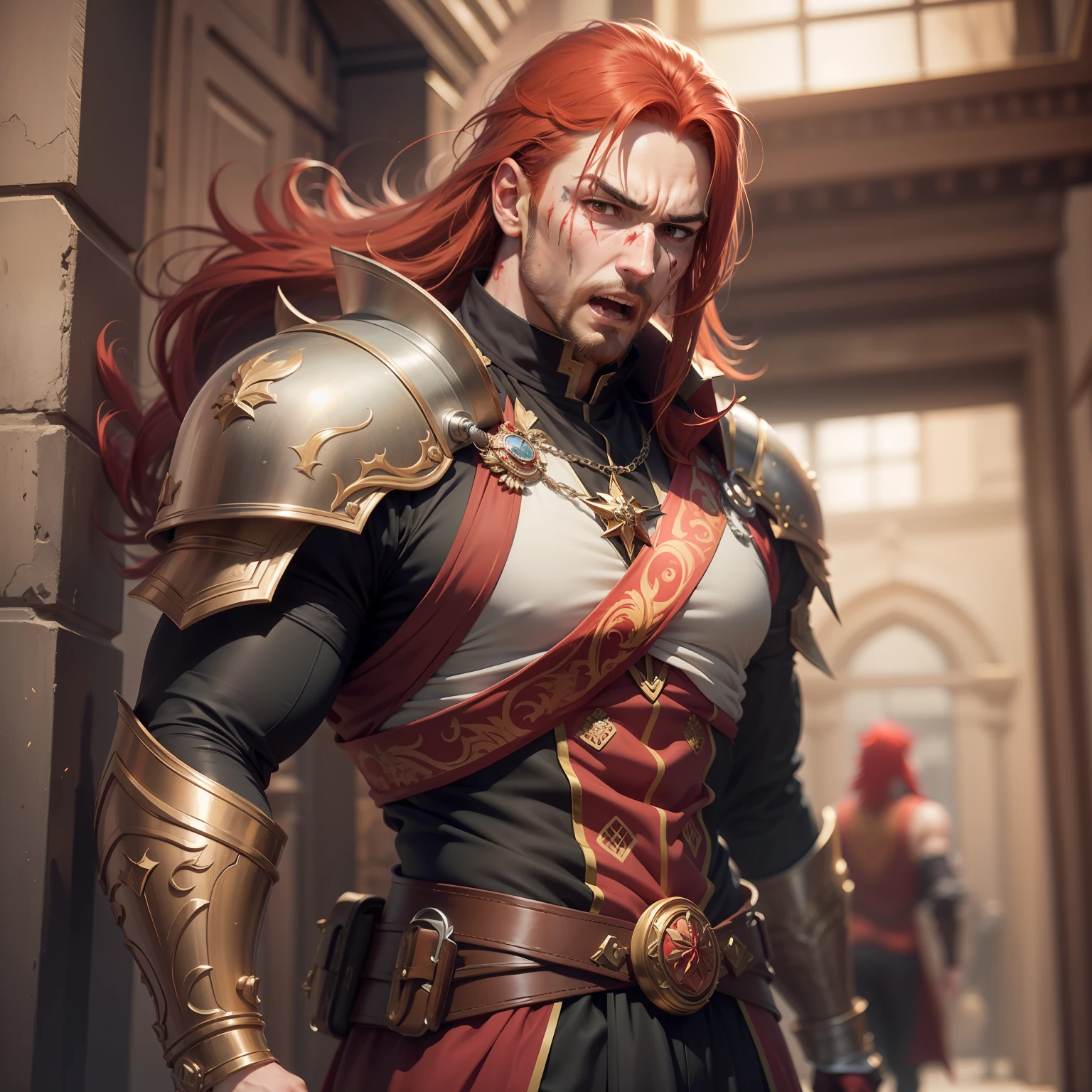 Realistic image of a strong, tall, red hair with mullets, thin beard, dressed in black cleric's costumes with red details and with shoulder pads, anime character style art, bruised face and with an expression of surprise with his mouth open, , wide corridor of a royal palace