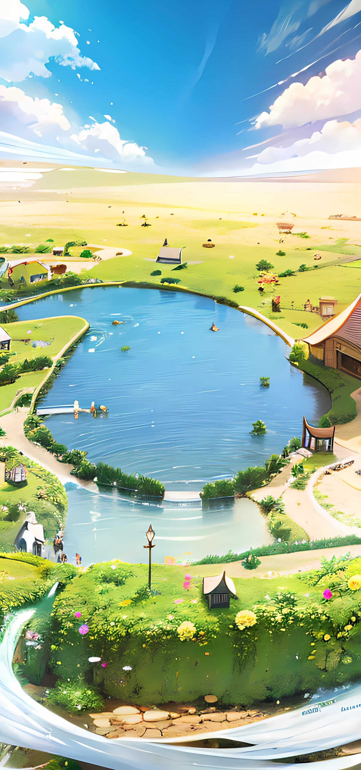 There is a small pond with lots of water, bubbling landscape, detailed scenery - width 672, magical sparkling lake, mini lake, set is blissful wallpaper, background artwork, beautiful lake background, cute detailed digital art, amazing wallpaper, relaxing concept art, anime countryside landscape, official artwork, landscape art detail, lake background, sunny environment, small lake, illustration style --auto
