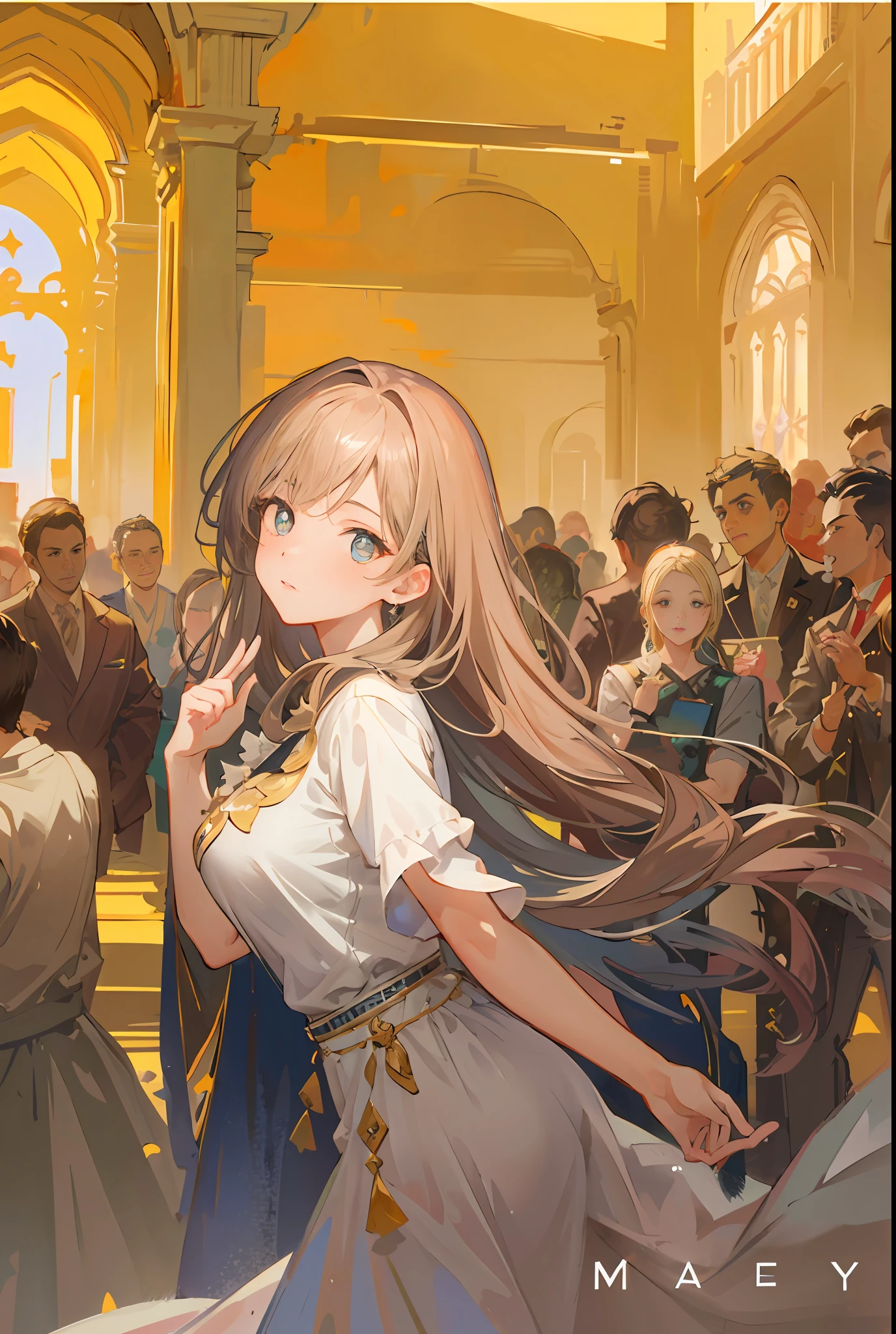 Model shooting style, (extremely detailed CG Unity 8k wallpaper), full-shot body photo of the most beautiful artwork in the world, stunning beautiful photo realistic available, super realistic super detailed photo, a beautiful girl as a female dancer entering the Loggia dei Lanzi of Florence,complex dress, banquet, crowd, [slight smile], (Sculpture of Hercules background), (princess eyes, shining pupils), detailed symmetrical beautiful hazel eyes, detailed gorgeous face, highly detailed, Vibrant, professional majestic oil painting by Ed Blinkey, Atey Ghailan, Studio Ghibli, Jeremy Mann, Greg Manchess, Antonio Moro, ArtStation Trends, CGSociety Trends, Complex, High Detail, Sharp Focus, Dramatic, Realistic Painting Art, by Midjourney and Greg Written by Rutkowski