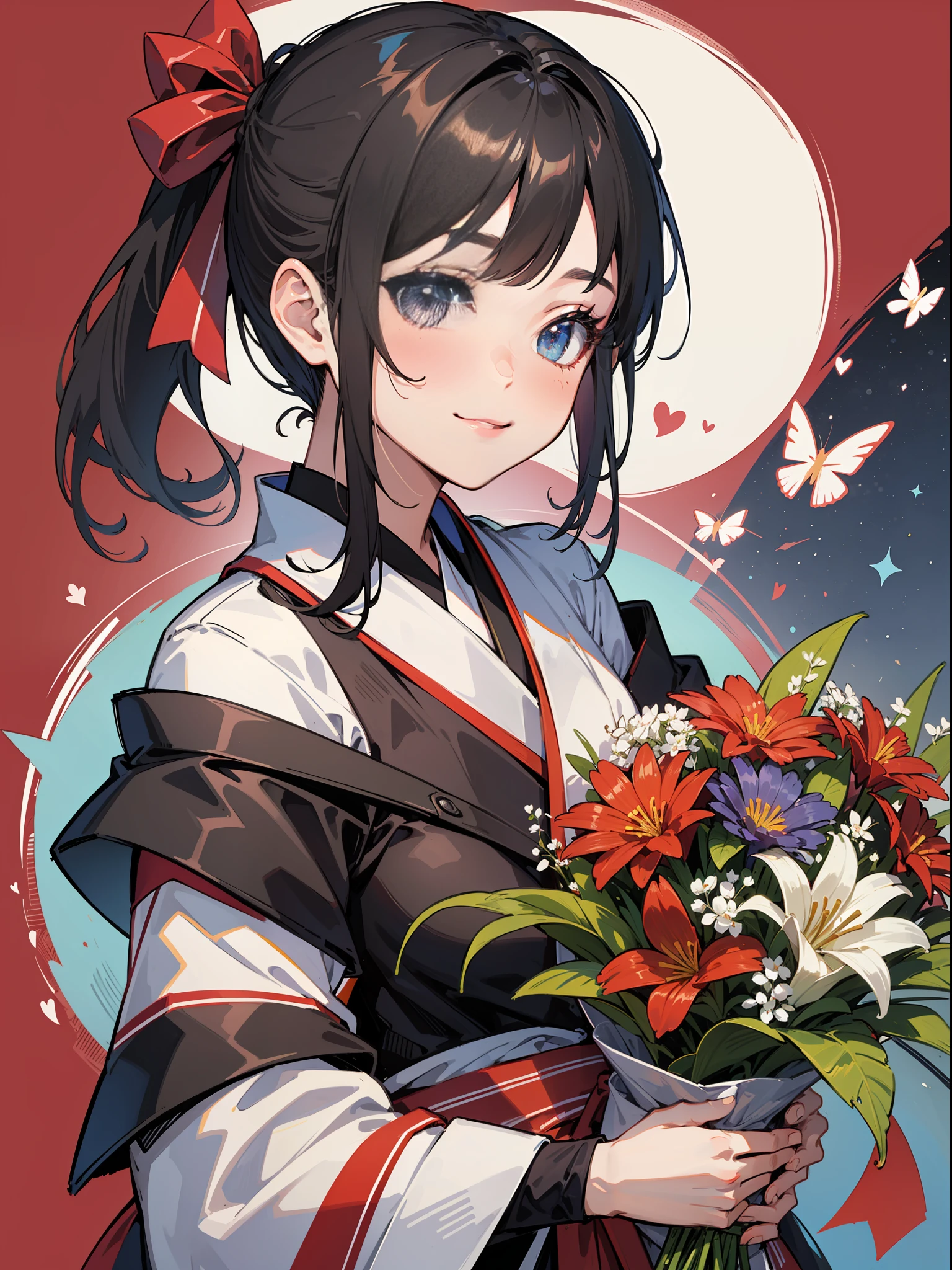 Masterpiece, super high quality, super detail, perfect drawing, solo, beautiful girl, smile, black ponytail, hair tied with a big red ribbon, equipped with two Japan swords, holding a big bouquet, bouquet with love, bouquet to you,