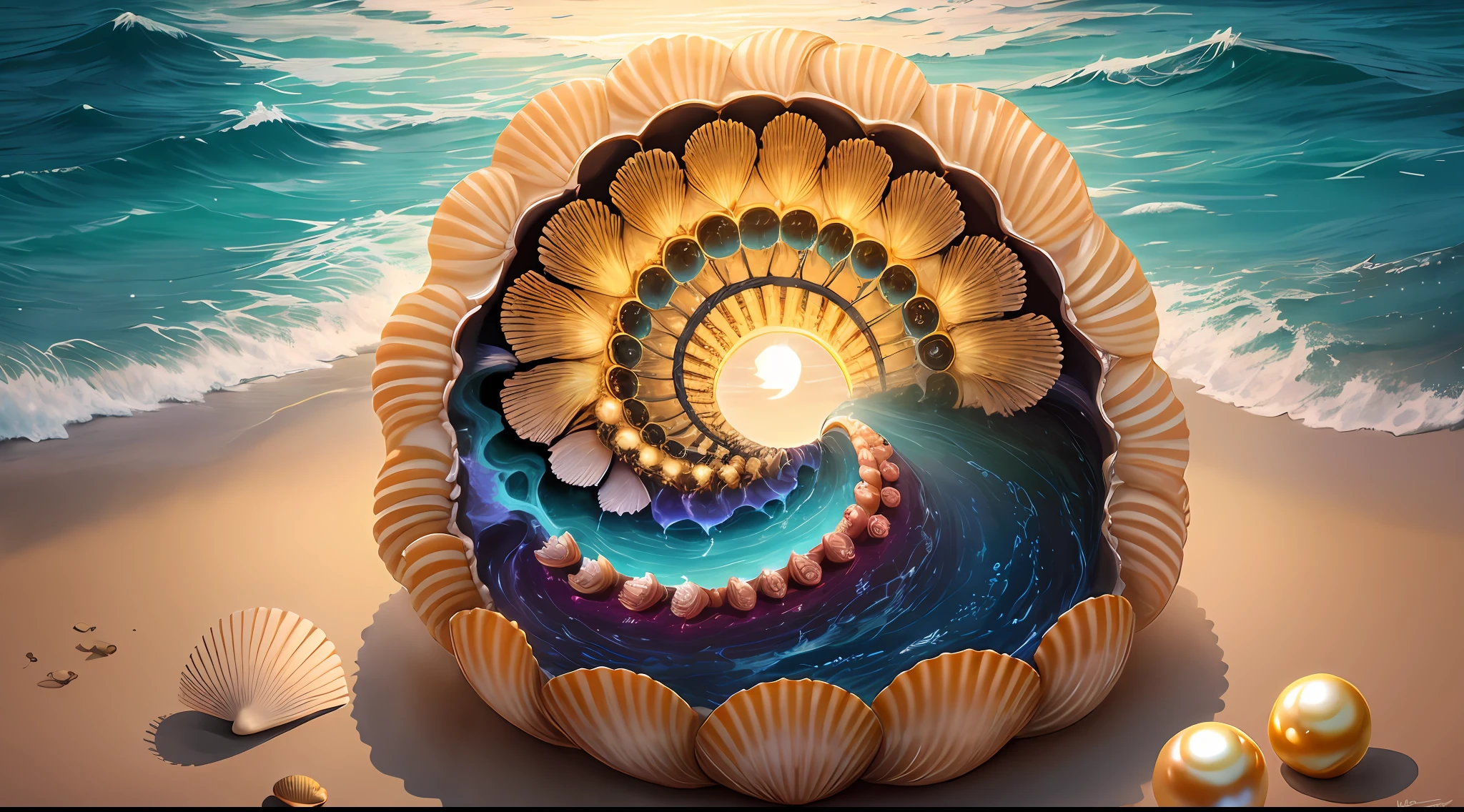 "Create a masterpiece of beautiful "giant ocean twisted Mandelbrot fractal shell, golden pearl nacre" with ultra-detailed concept art inspired. Unleash your inner Cu73Cre4ture programmer with the power of steady diffusion and bring your imagination to life! ", high detail, 8k