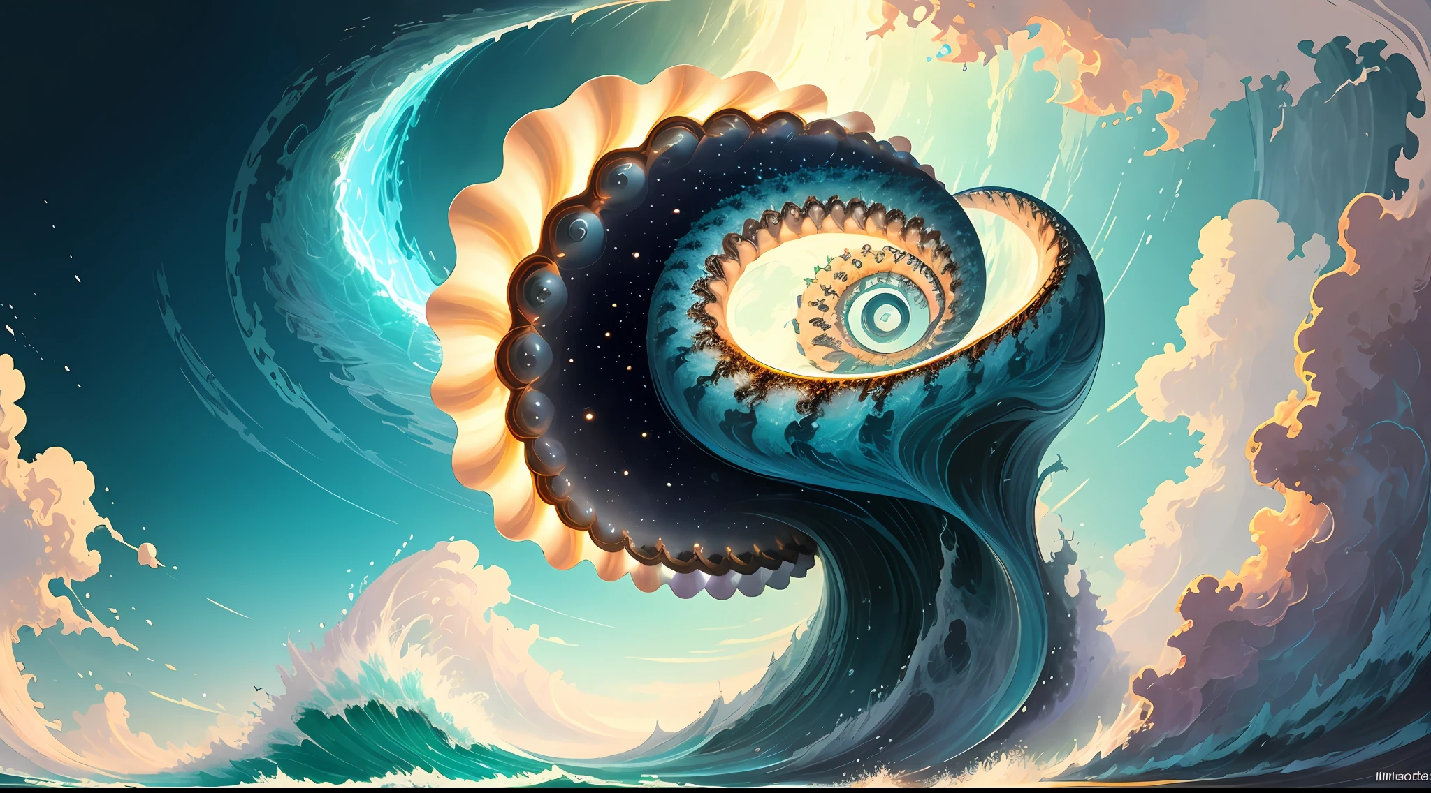 "Create a masterpiece of beautiful "giant ocean twisted Mandelbrot fractal shell, golden pearl nacre" with ultra-detailed concept art inspired. Unleash your inner Cu73Cre4ture programmer with the power of steady diffusion and bring your imagination to life! ", high detail, 8k