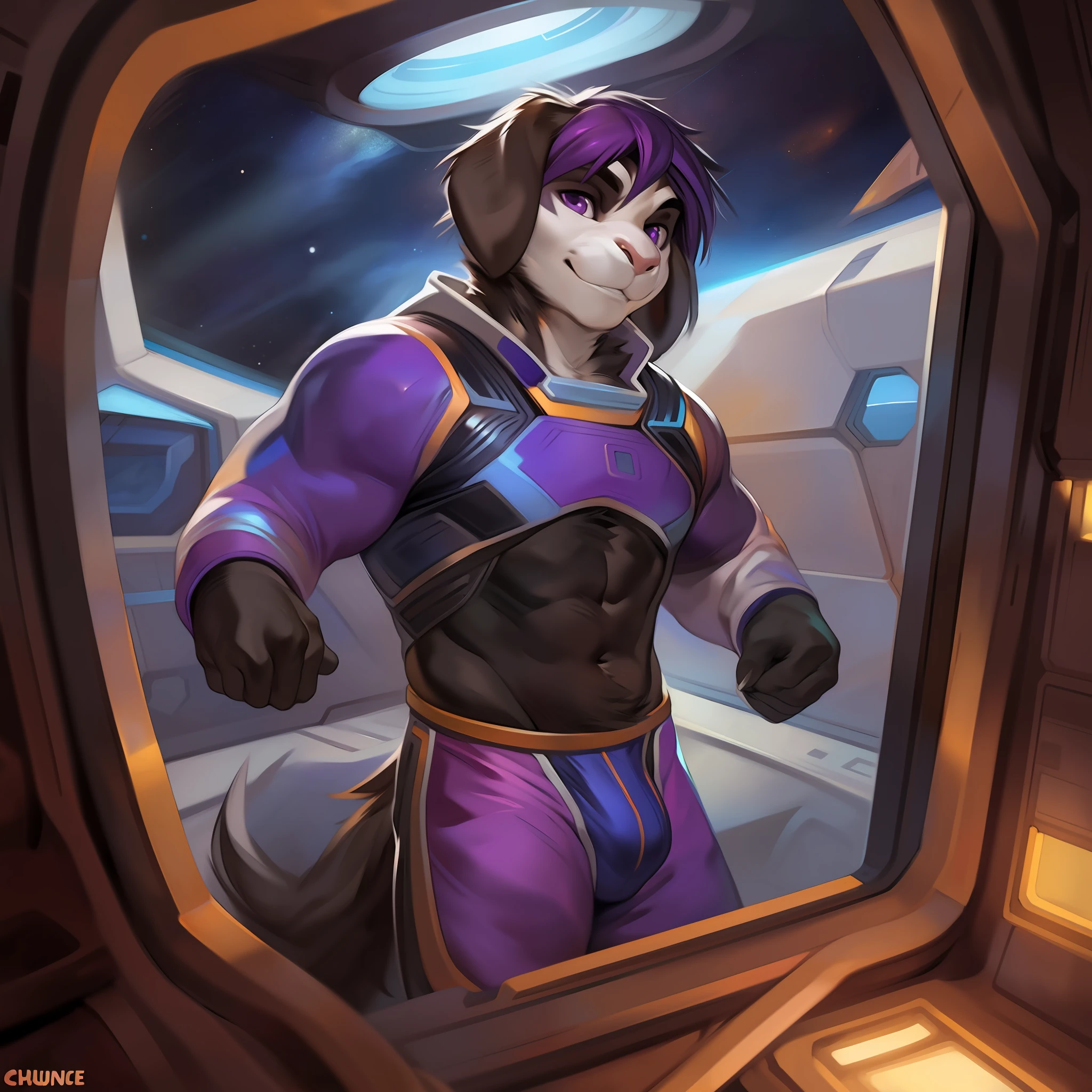 By darkgem, by glitter trap boy, by chunie, solo, male, rabbit, black fur, muscular, medium bulge, floppy ears, black body, purple eyes, detailed eyes, dark deep purple hair, short hair, straight hair, hair with middle part, purple spacesuit, white face fur, space, spaceship, window