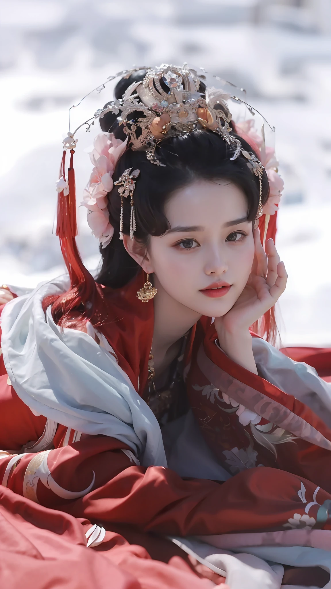a close up of a woman in a red dress laying on a blanket, palace , a girl in hanfu, hanfu, wearing ancient chinese clothes, chinese princess, ancient chinese beauties, ancient chinese princess, traditional beauty, a beautiful fantasy empress, ((a beautiful fantasy empress)), chinese style, traditional chinese, chinese empress, traditional chinese clothing, white hanfu