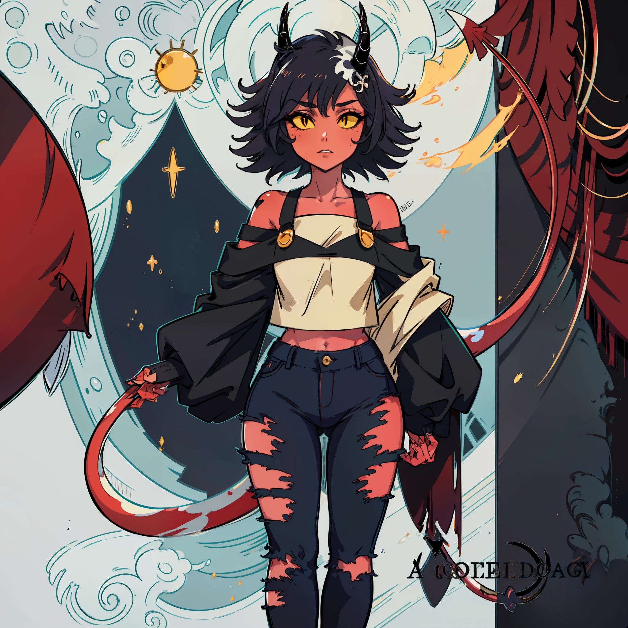 red skin, yellow sclera, black short hair, horns, black croptop, tail, elf ears, 1girl, millie, demon girl, black ripped jeans