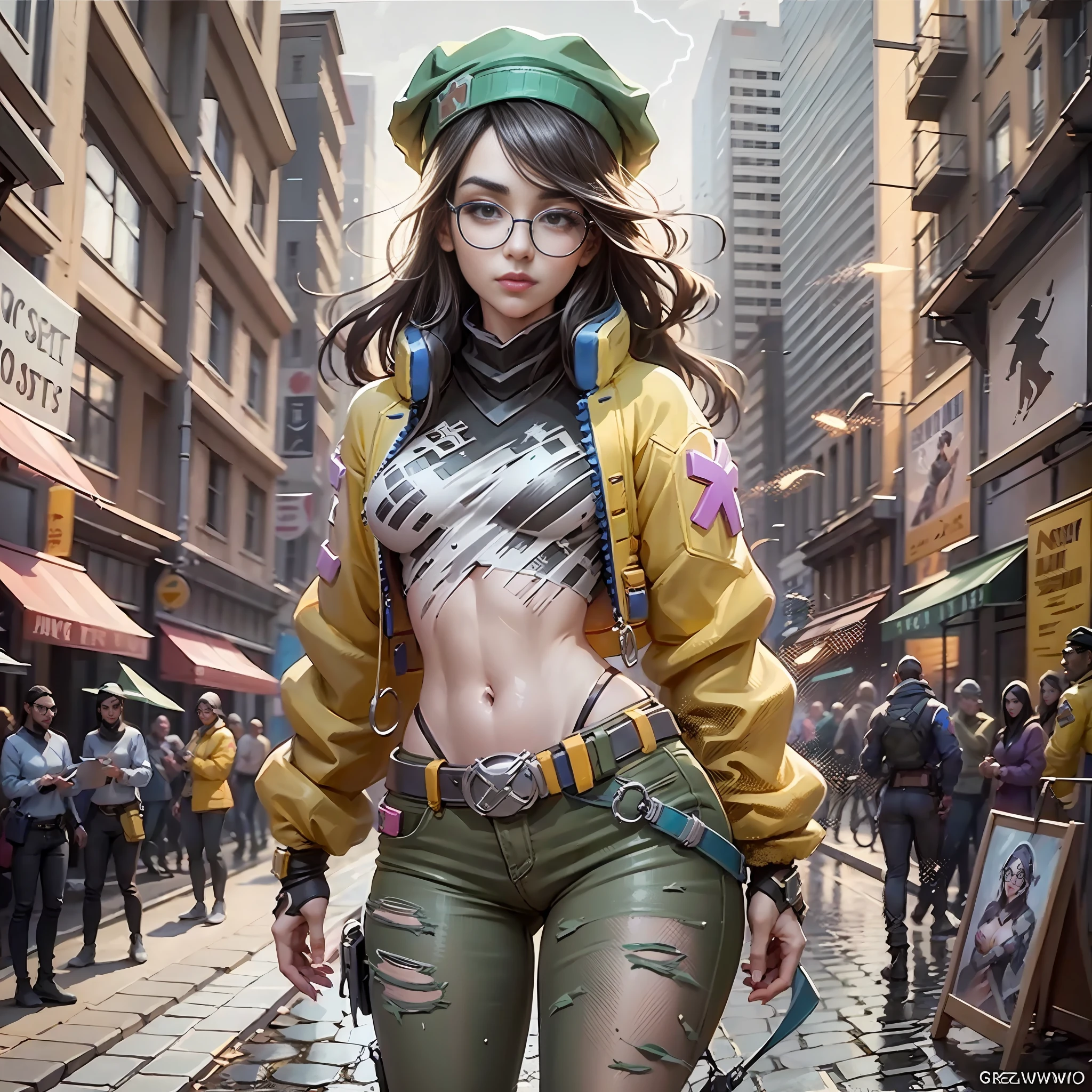 anime style, widescreen, masterpiece, best quality, {{{{official art}}}}, valorant killjoy, dark black hair, circle glasses, big boobs, killjoy green hat, round glasses, yellow jacket, gray shirt, belt, black pants, torn clothes, lonely, full body, butt, small breasts, ultra high resolution, perfect anatomy (small breasts), beautiful hips and stomach, beautiful face, beautiful hands, high resolution beautiful eyes, character concept, perfect anatomy, focus, dynamic, high details, highly detailed, sharp soft focus, Kim Art Jung Gi, Artgerm, Carne Griffiths and Wadim Kashin, Sasha Yakovleva, Loish, Jeremy Mann , Lightningwave, Victor Nizovtsev, Greg Rutzowski, Noah Bradley Trending on Artstation, 8K, Masterpiece, Fine details, Full of colour.