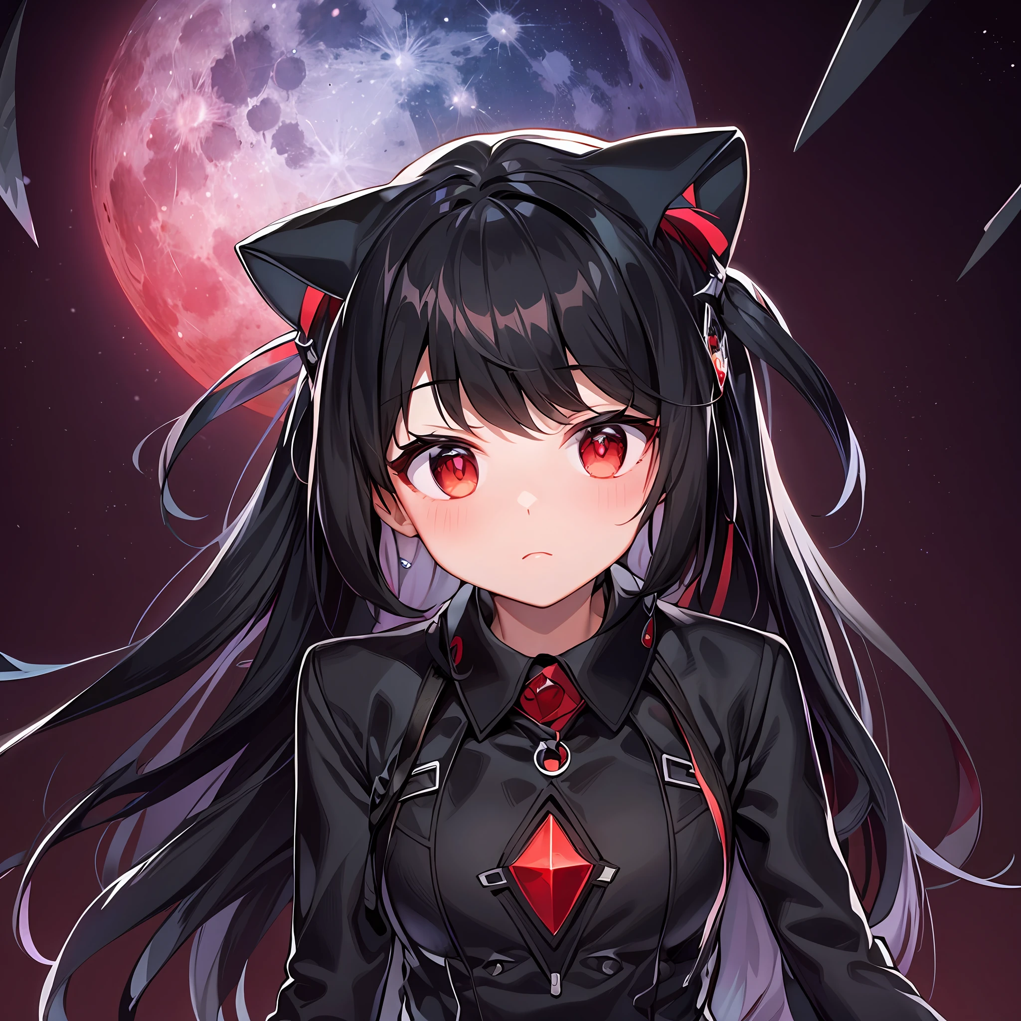 Black hair, big moon, red eyes, space backdrop.
