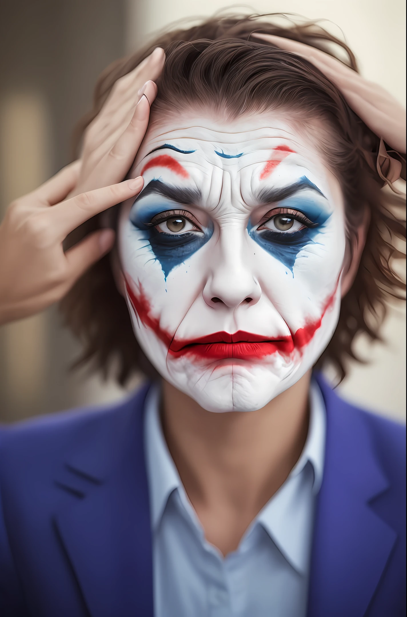 Tired woman's face sad with makeup so joker blurred running down her face