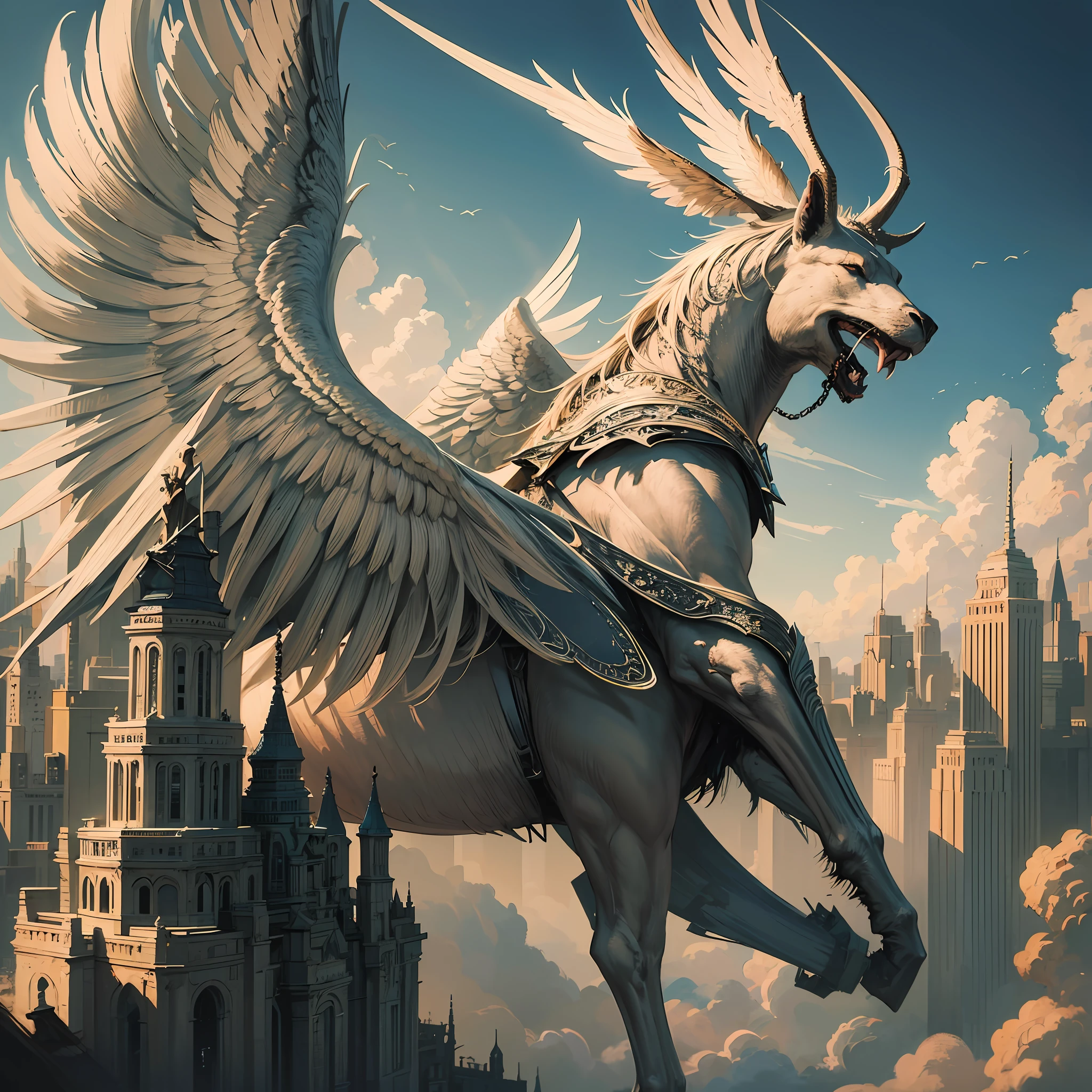 (work of art), (best quality: 1.3), An epic painting of a man on a hill looking at a powerful giant angel with a sword about to destroy a city, make the painting highly detailed, utilize volumetric and cinematic lighting, use a highly large scale and a super 8k resolution