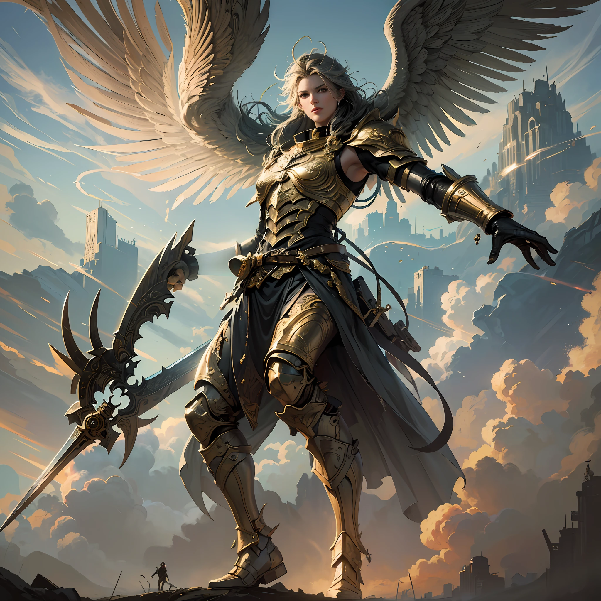 (work of art), (best quality: 1.3), An epic painting of a man on a hill looking at a powerful giant angel with a sword about to destroy a city, make the painting highly detailed, utilize volumetric and cinematic lighting, use a highly large scale and a super 8k resolution