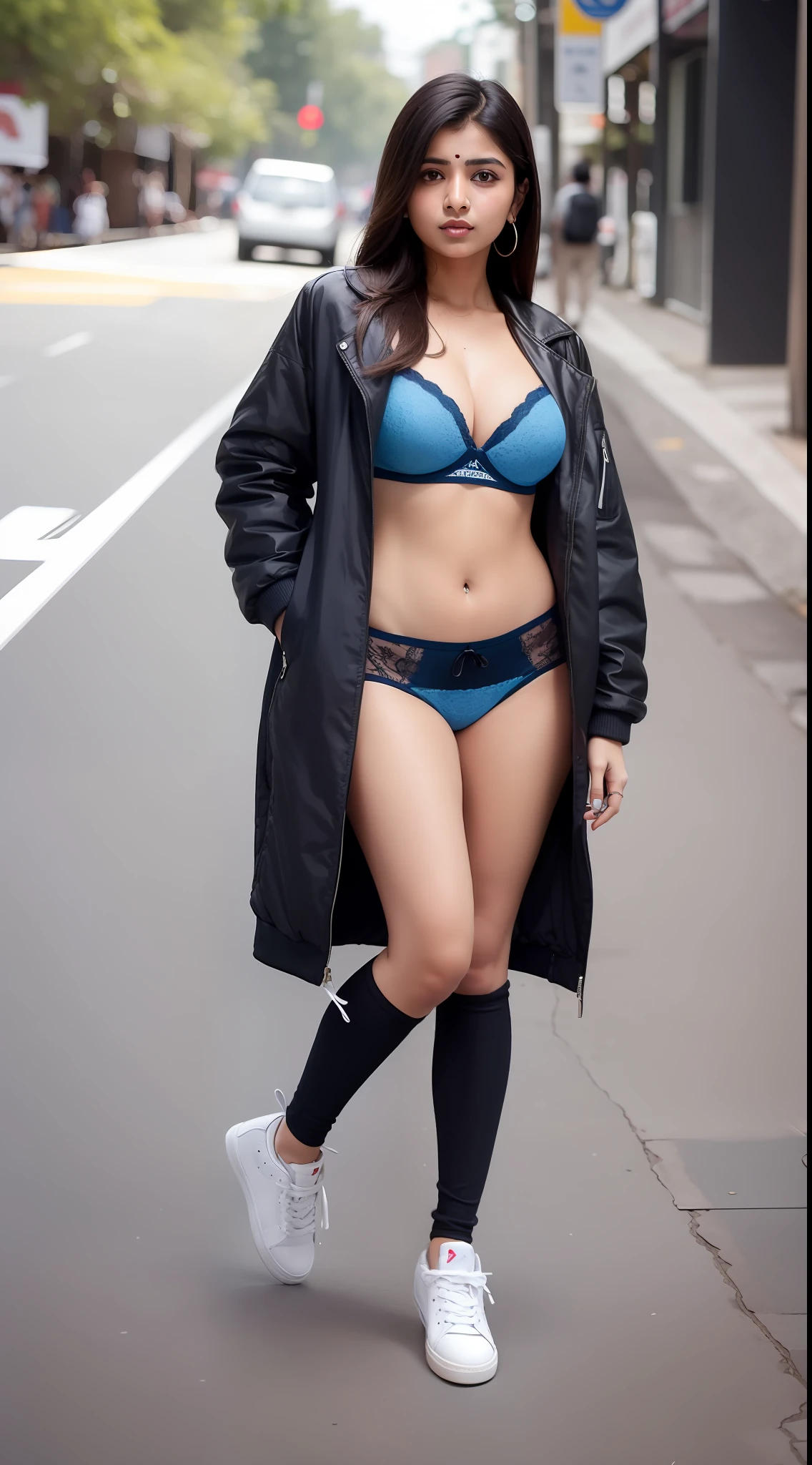 Hot india sexy🇮🇳 girl, bra in jacket, Supreme high branded clothes,blue air sneakers, city place