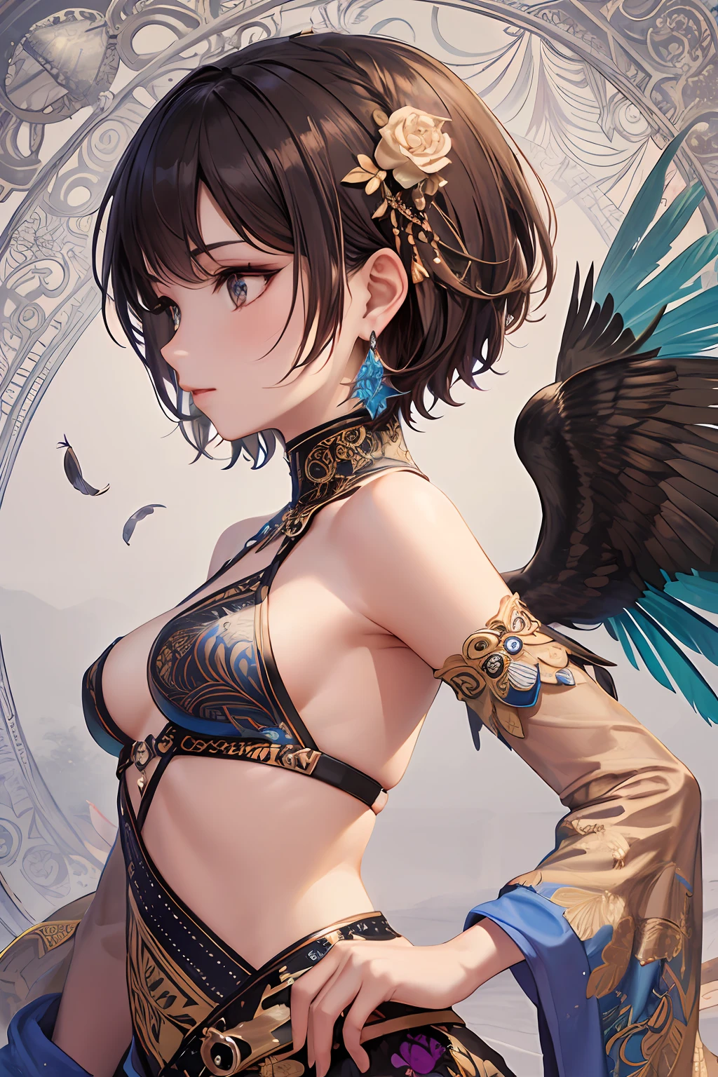 Small breasts, bare shoulders, short hair, brown hair, colored feathers, metal ornaments, colored flowers, particles, rays, (masterpiece, top quality, official art, beautiful and aesthetic: 1.2), (1 girl: 1.3), highly detailed, (fractal art: 1.1), (colorful: 1.1) (flowers: 1.3), best detail, (Zentangle: 1.2), (dynamic pose), (abstract background: 1.3) , (shiny skin), (many colors: 1.4), (earrings: 1.4), (feathers: 1.4)